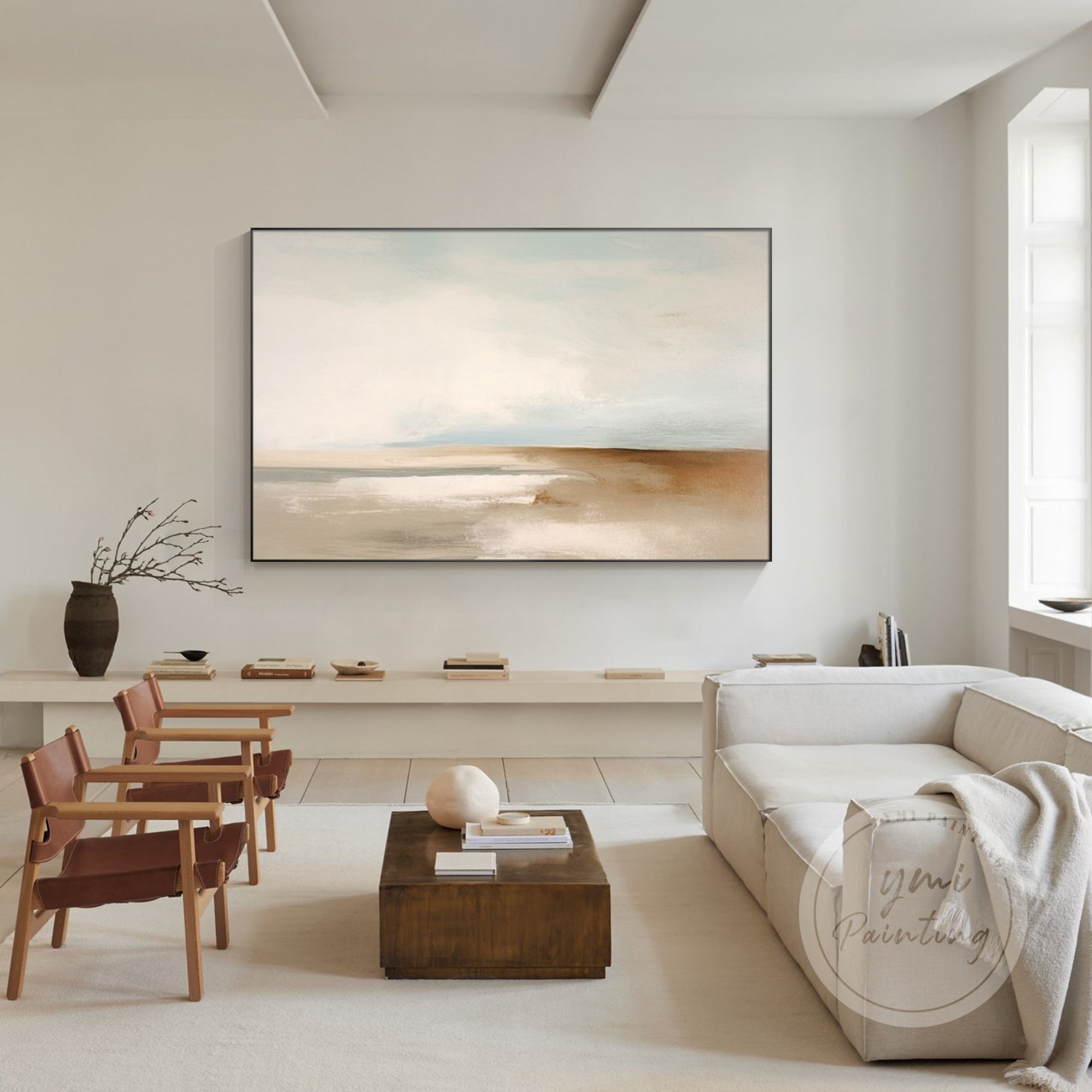 Elegant beige and white beach landscape painting framed in wood, perfect for modern or minimalist spaces.