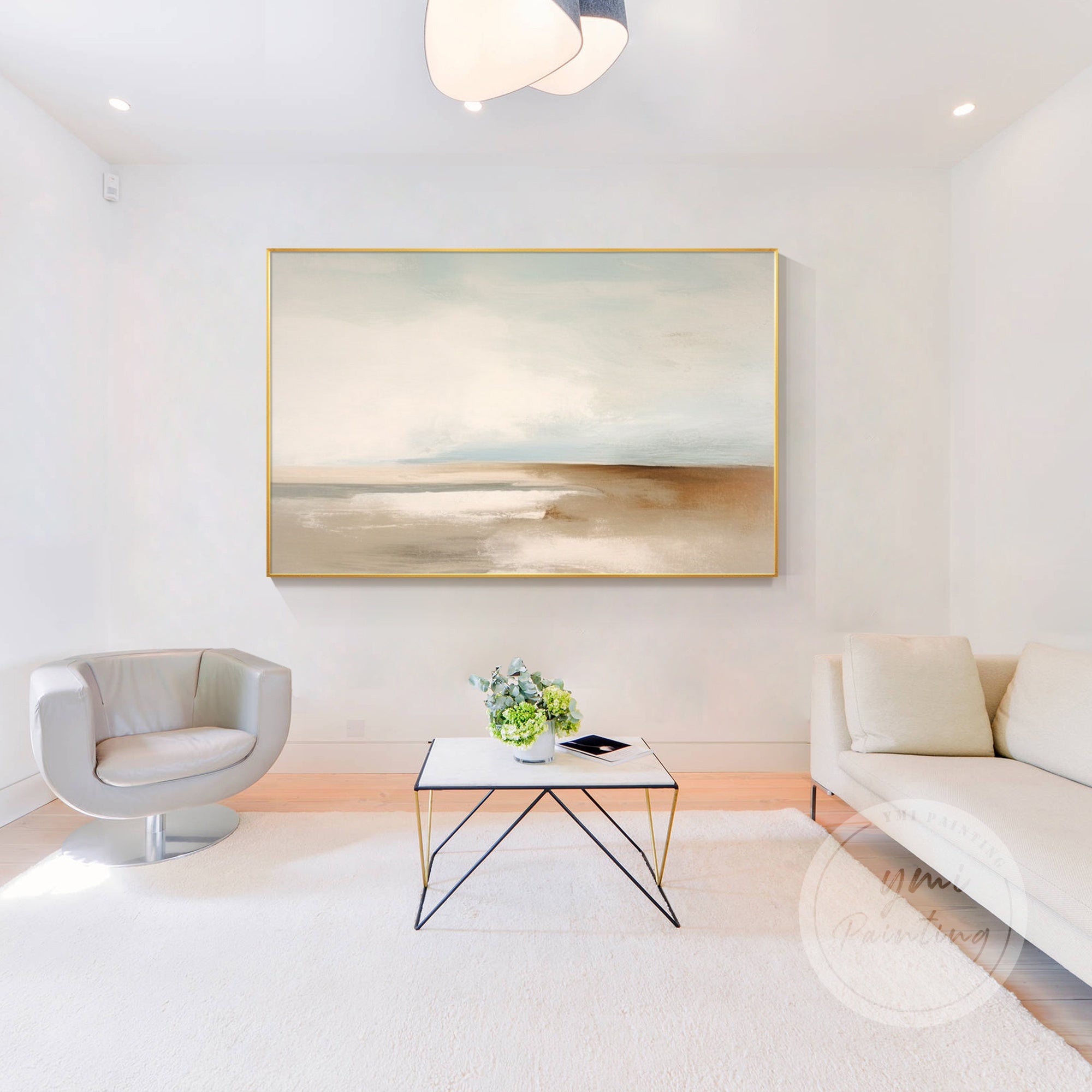 Abstract coastal artwork with soft beige and white tones, evoking the tranquility of sand and sea, decoring modern bedroom.