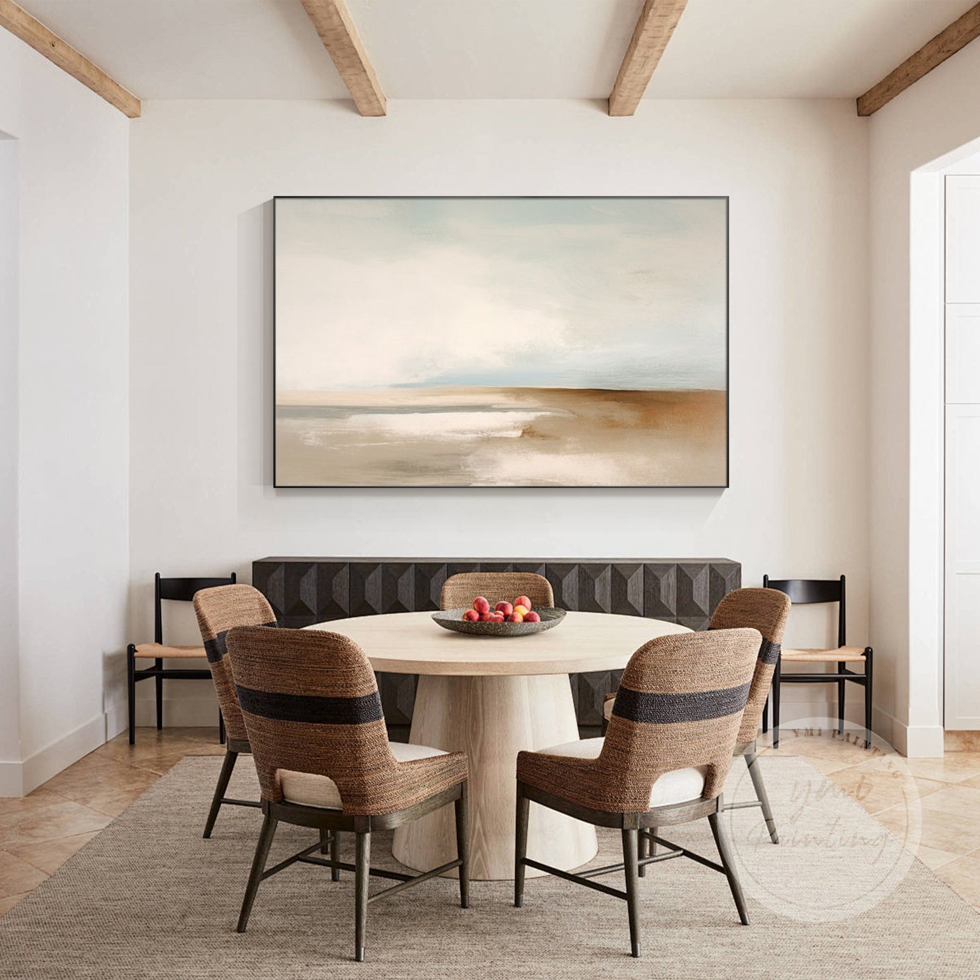 Minimalist horizontal painting of a beach horizon with neutral colors, ideal for peaceful interiors.