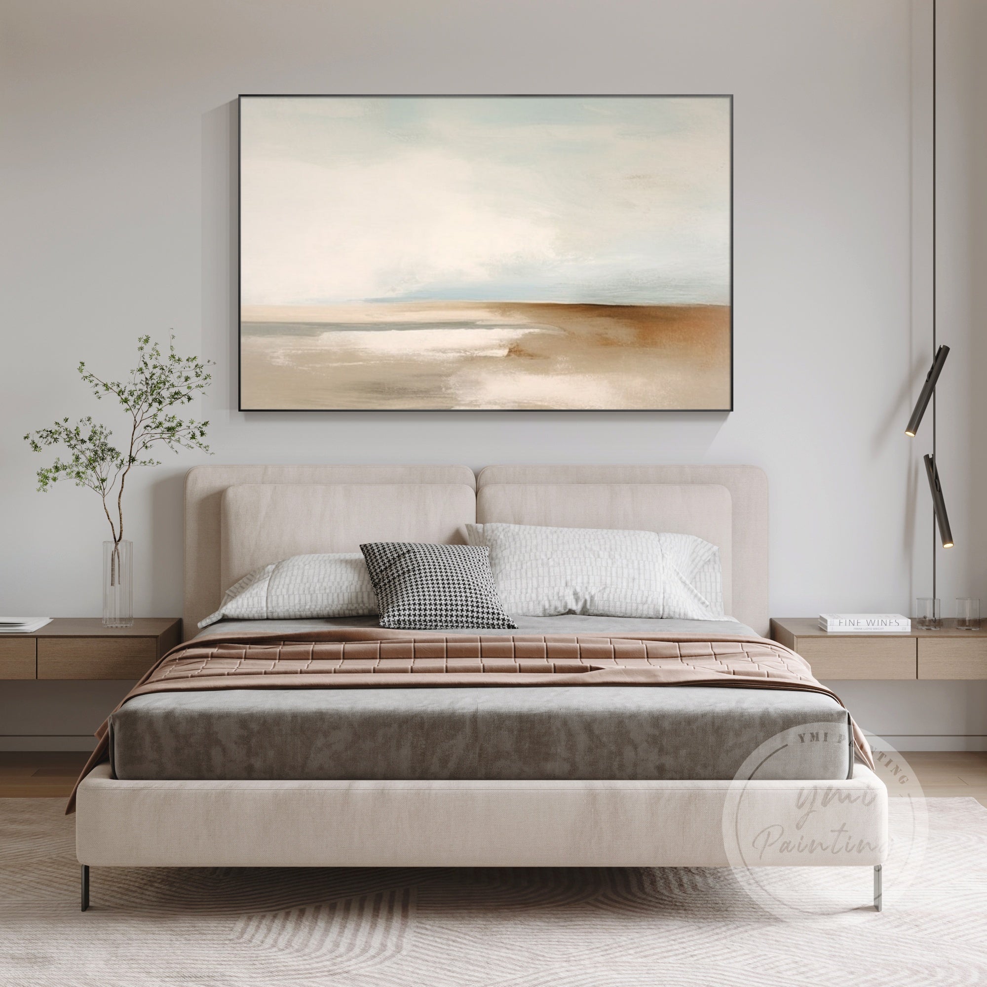 Horizontal minimalist painting capturing the calm beauty of sand dunes and ocean waves in soft tones for the dining room.