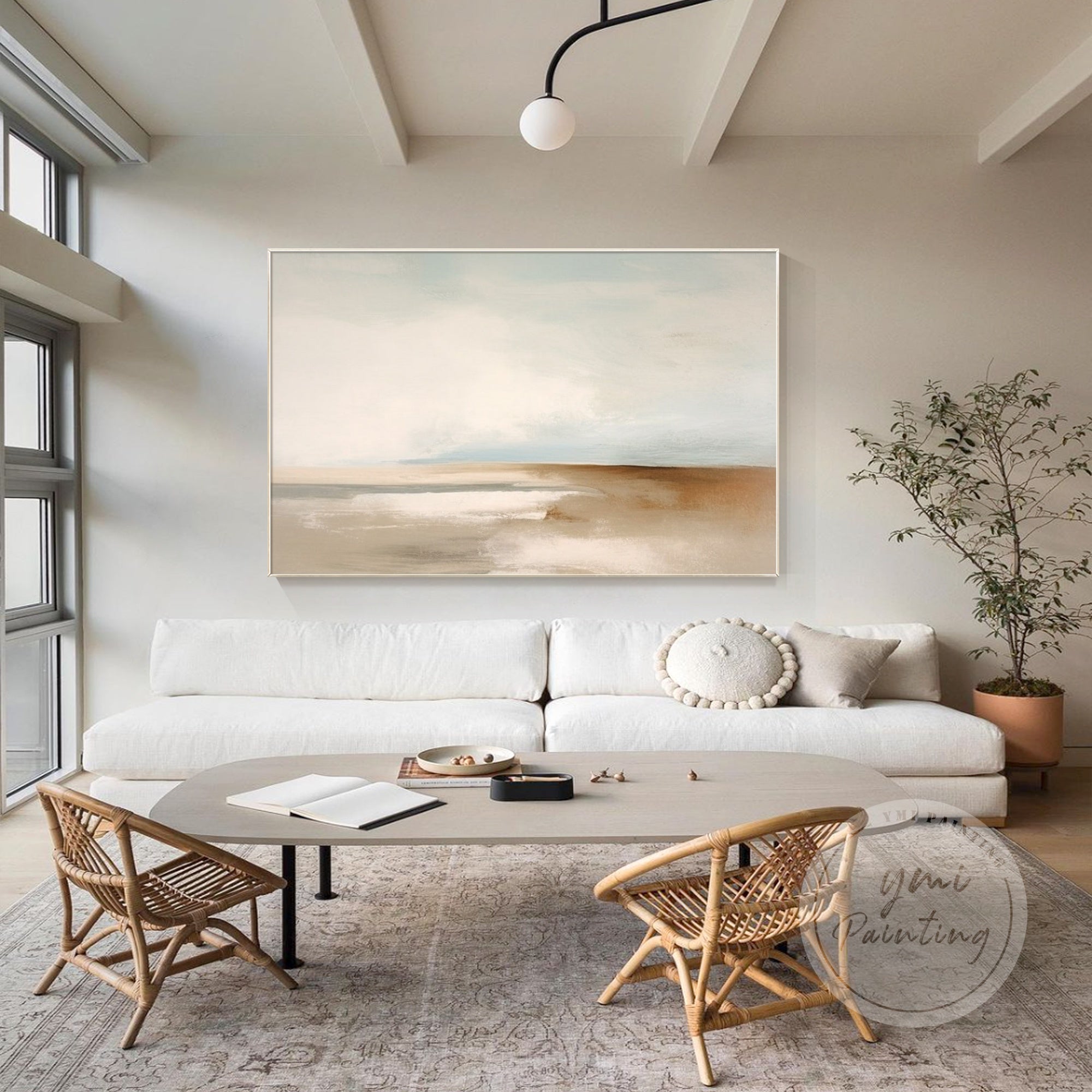Horizontal minimalist painting capturing the calm beauty of sand dunes and ocean waves in soft tones.