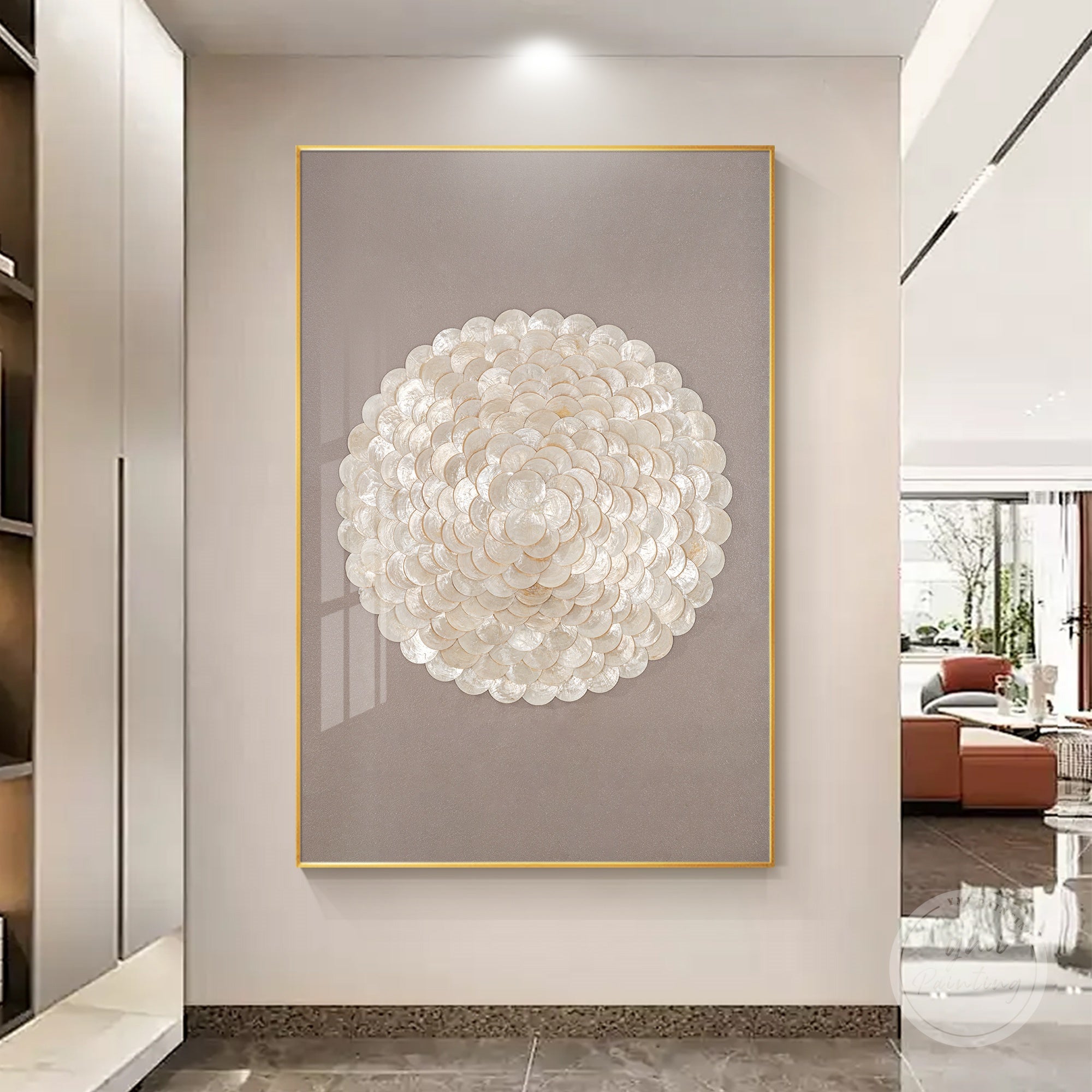 Elegant 3D Capiz shell decor in warm taupe, luxury coastal wall art for modern interiors.