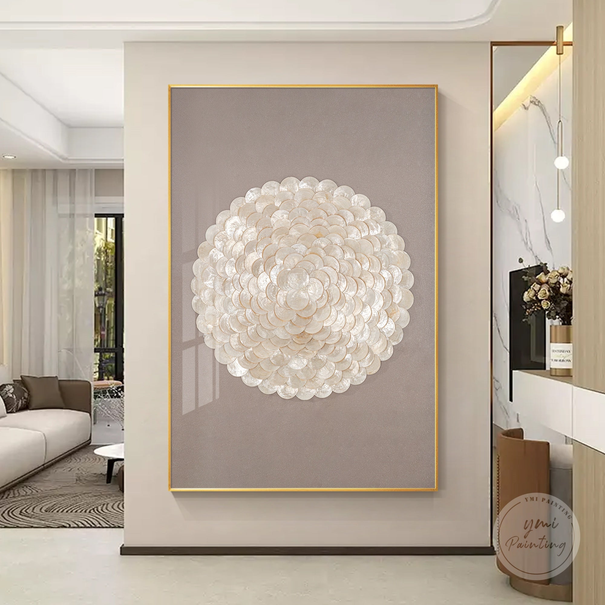 Capiz shell shadowbox wall art in warm taupe, handcrafted luxury decor with acrylic surface.