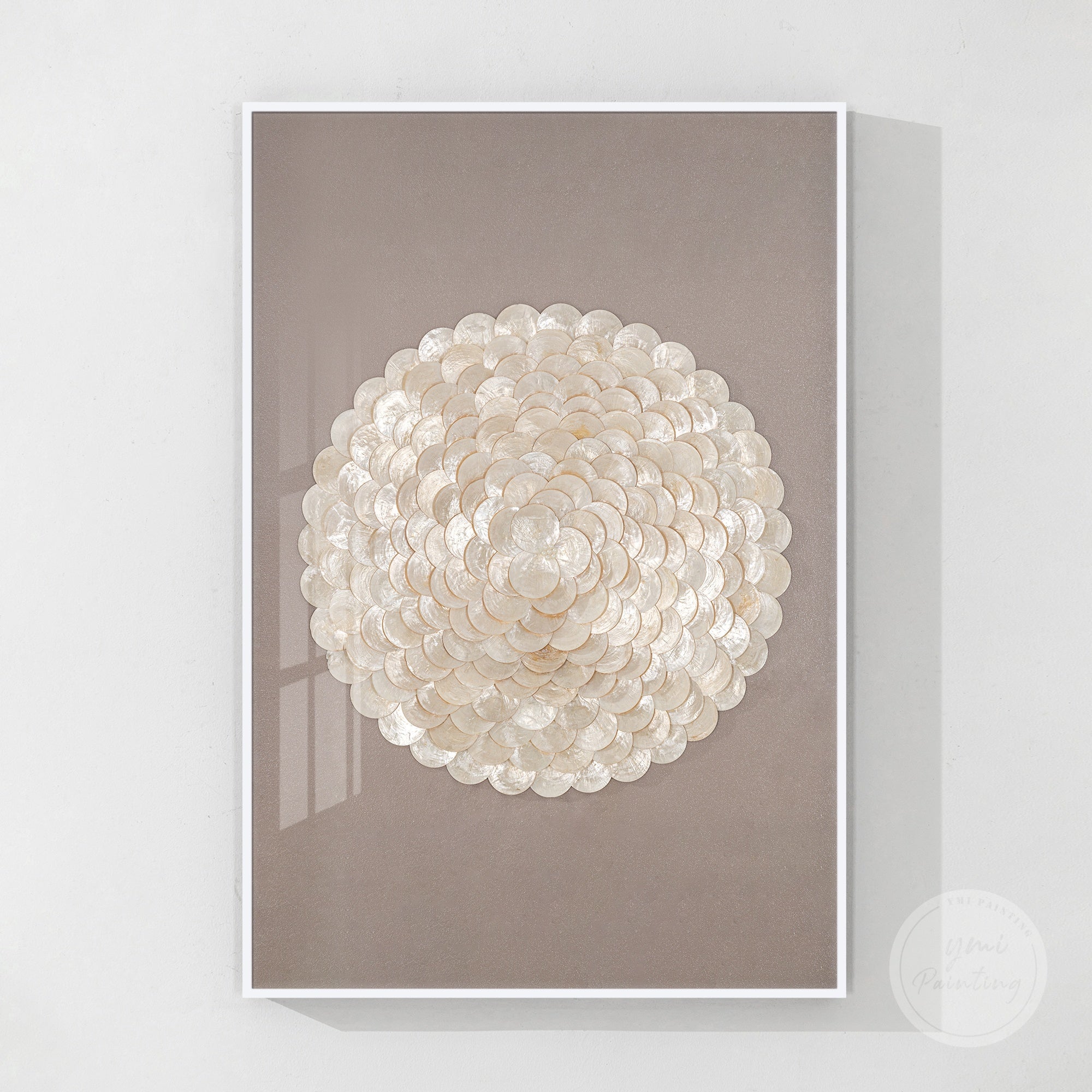 3D Capiz shell shadowbox art in warm taupe, elegant wall decor with protective acrylic surface.