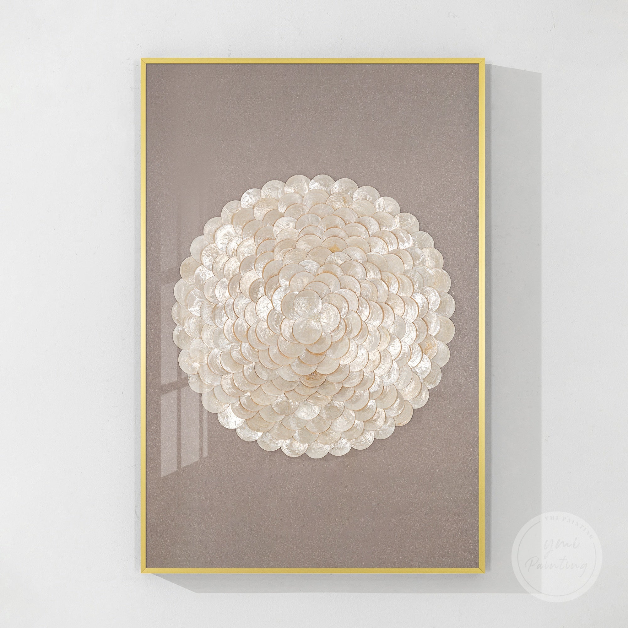 Natural Capiz shell wall art in warm taupe, luxury coastal shadowbox with subtle iridescent tones.