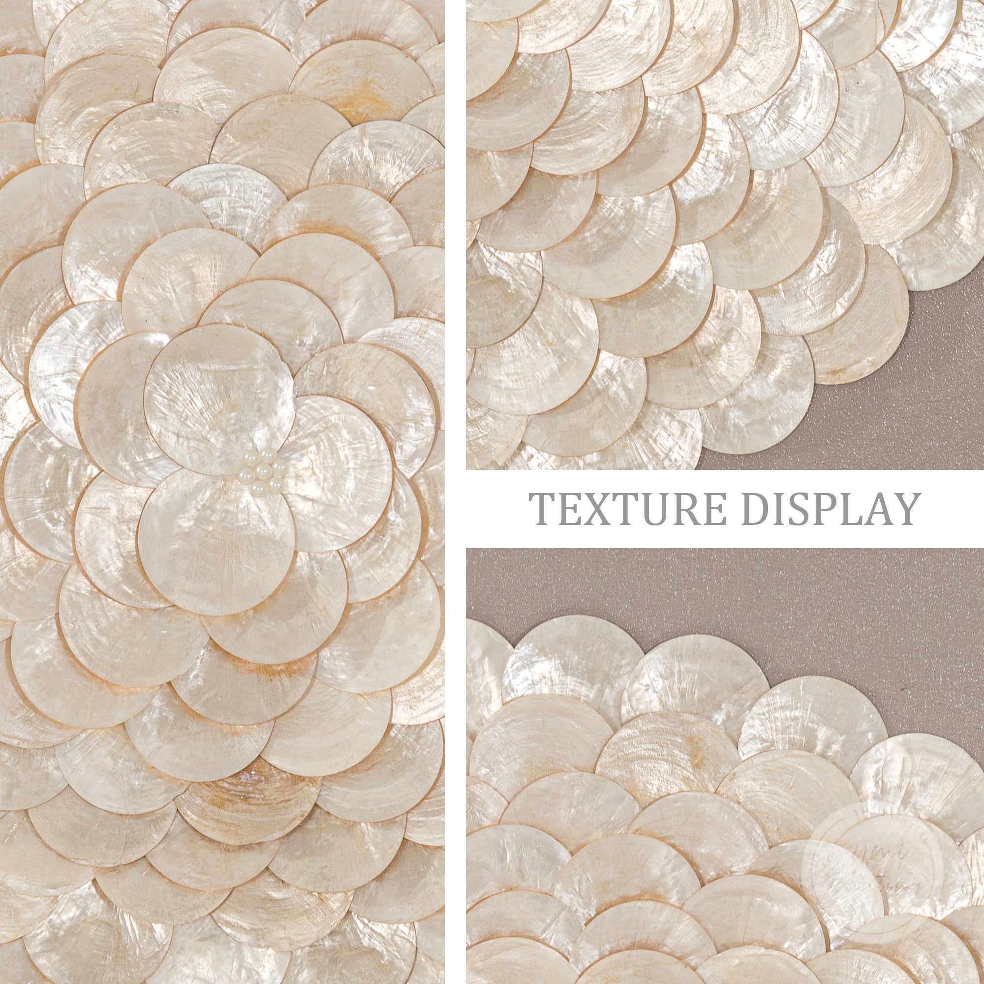Luxury Capiz shell wall art in warm taupe, 3D shadowbox with layered shells and refined texture.