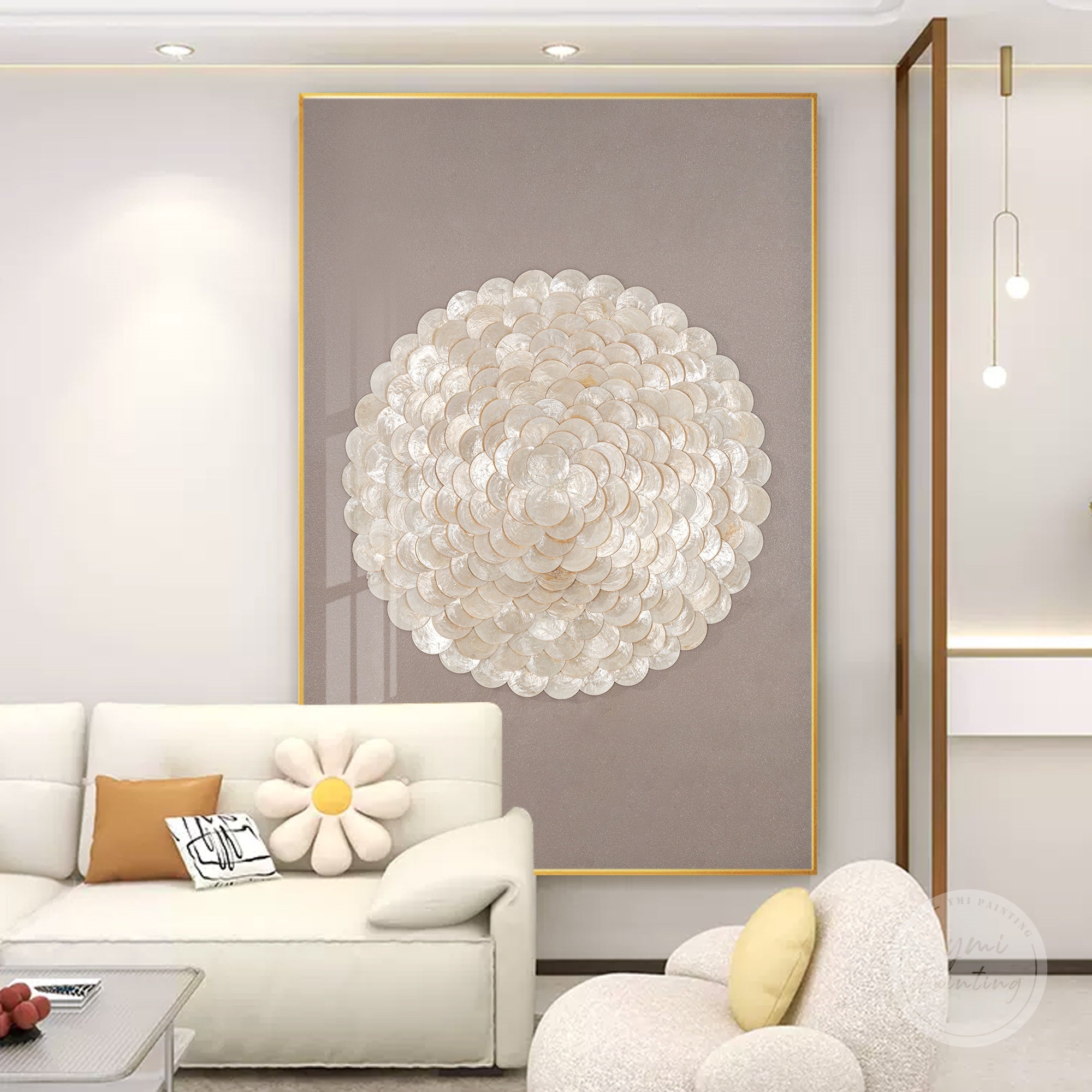 Handcrafted coastal wall art in warm taupe, layered Capiz shells under protective acrylic cover.