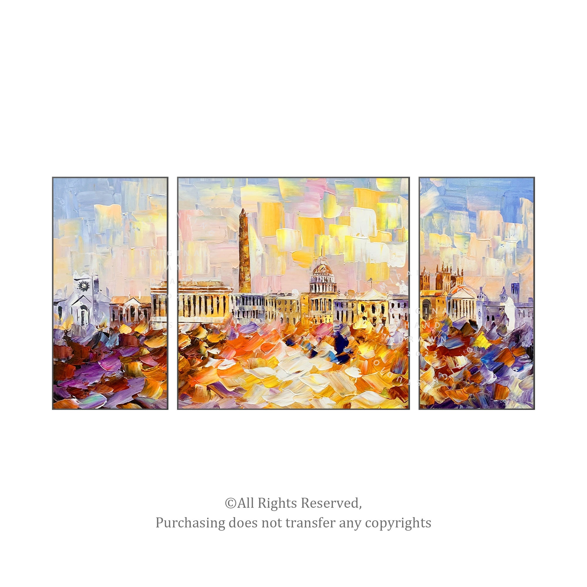 Washington DC skyline art, original palette knife painting set of 3, showcasing the iconic city landmarks.