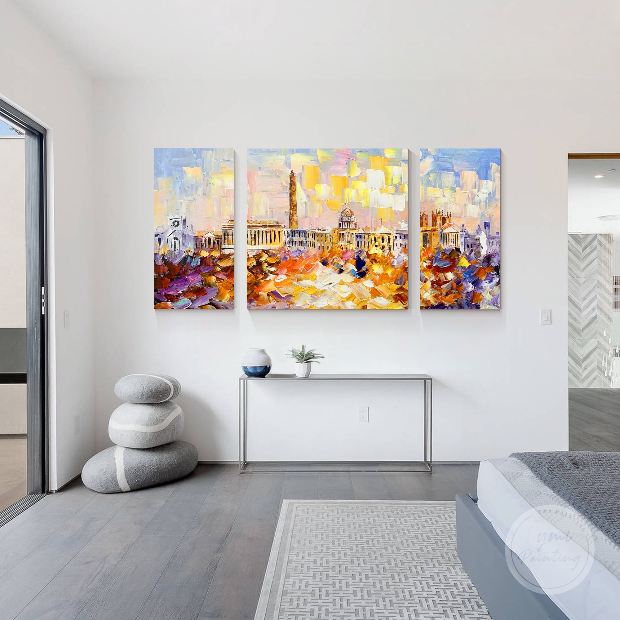 Washington DC cityscape, set of 3 hand-painted palette knife artworks, vibrant skyline design.