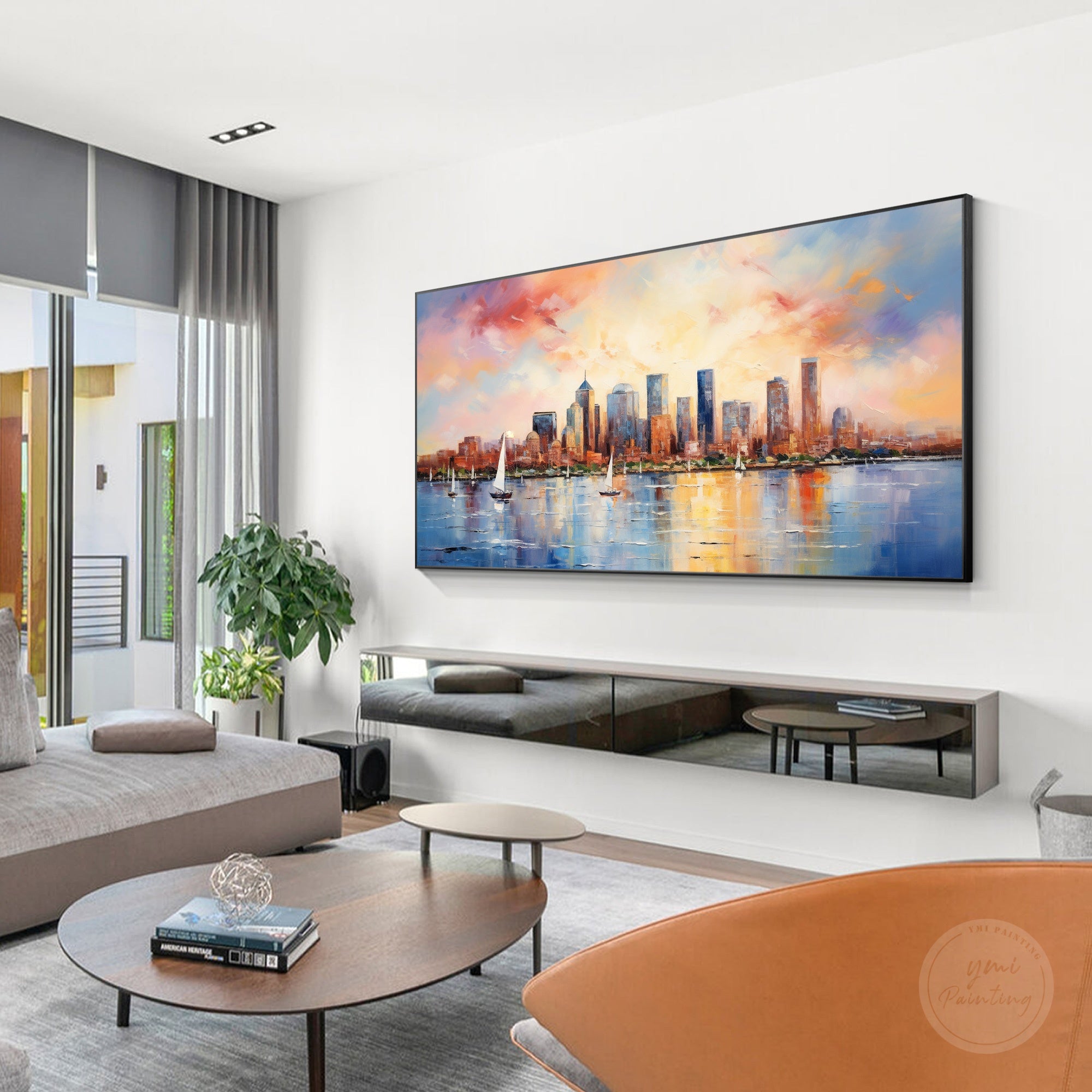 Modern skyline artwork featuring Boston harbor landscape
