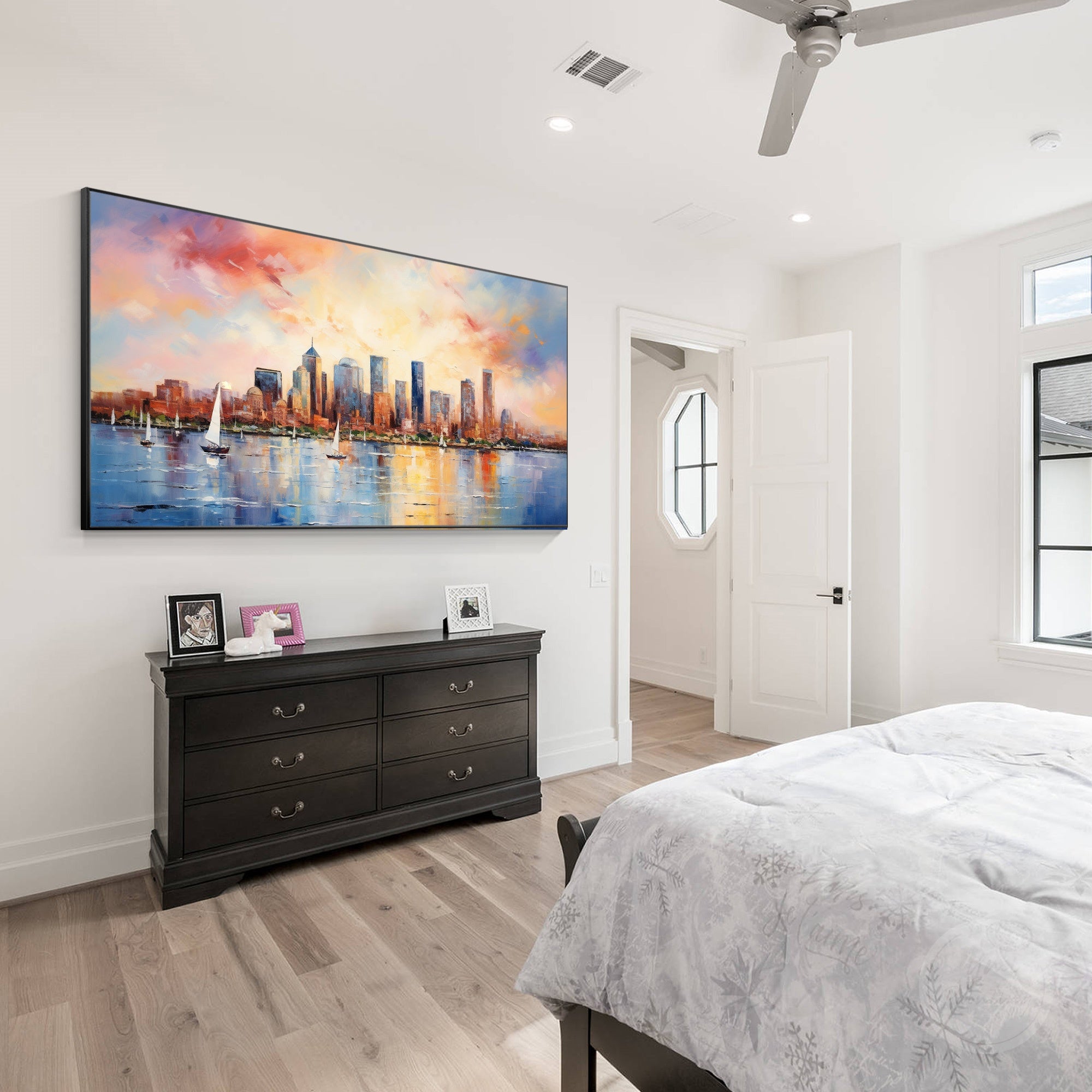 Boston cityscape painting with waterfront buildings and sailboats
