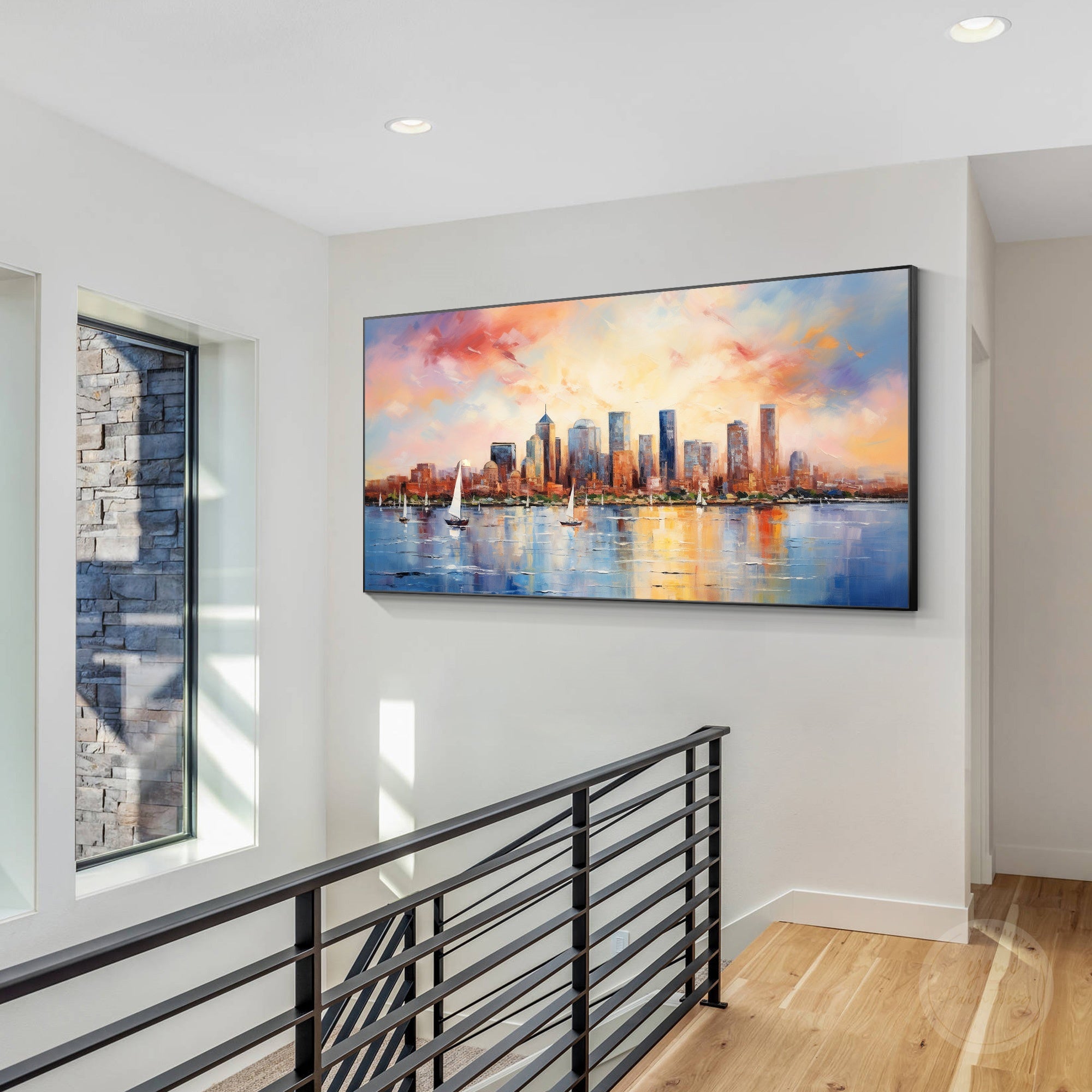 Sunset Boston skyline oil painting on canvas