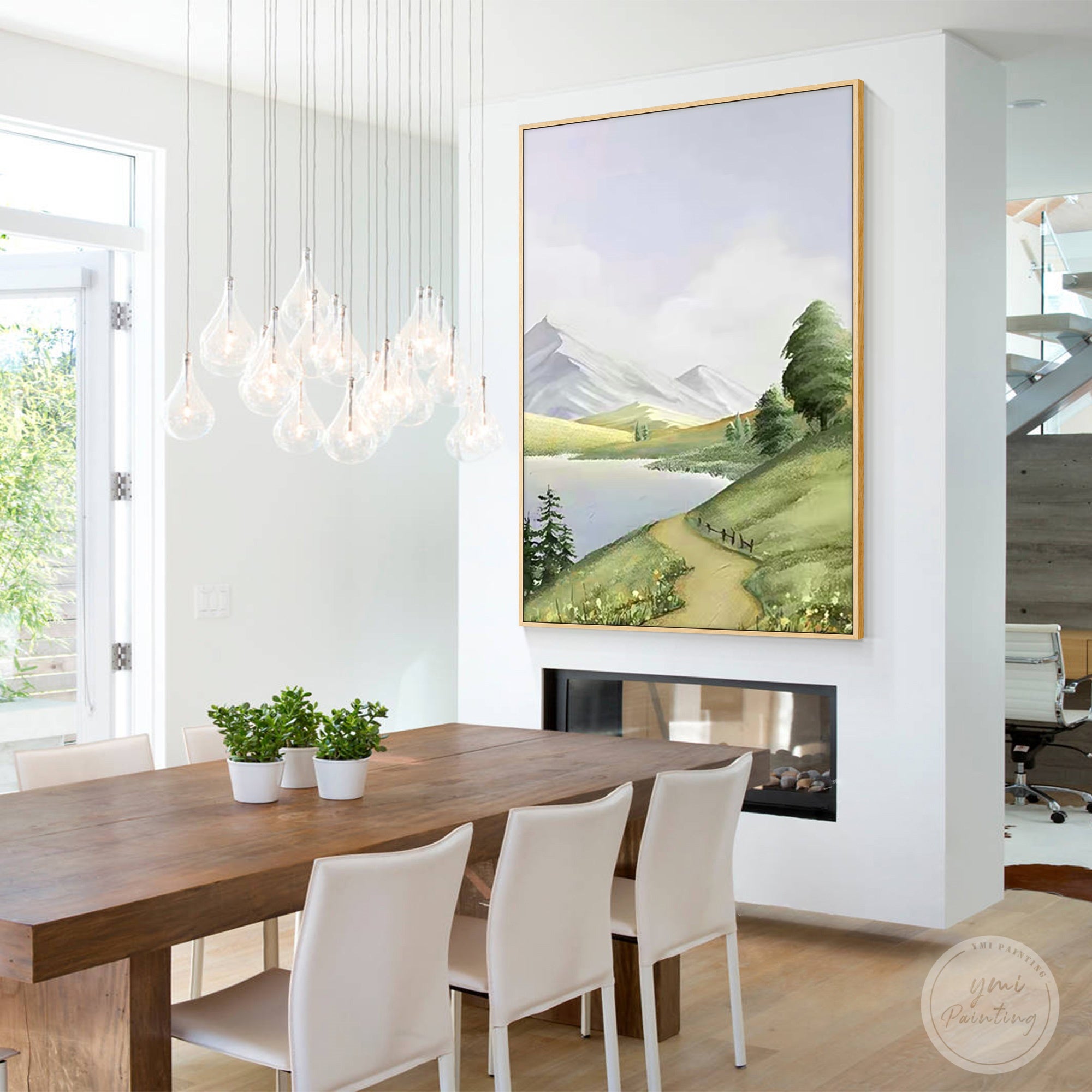 Green and white mountain landscape with calm lake art