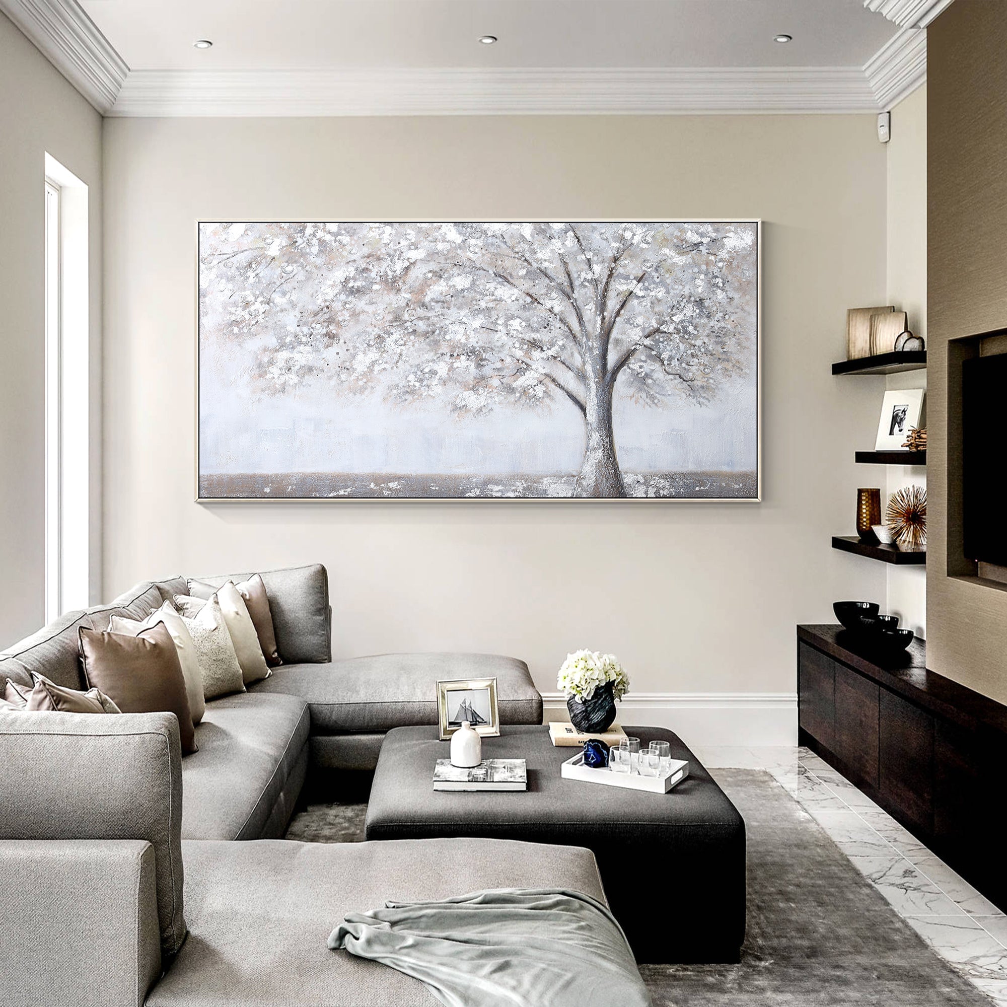 Abstract wall art featuring a white tree on a soft gray background