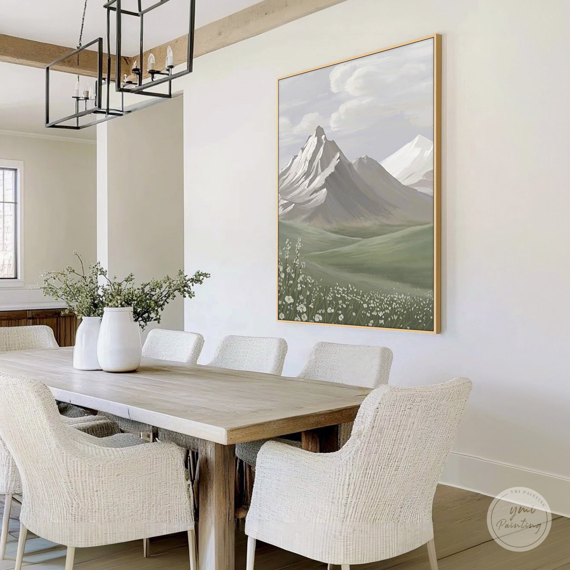 Nature-inspired mountain and white wildflower canvas wall art for living room