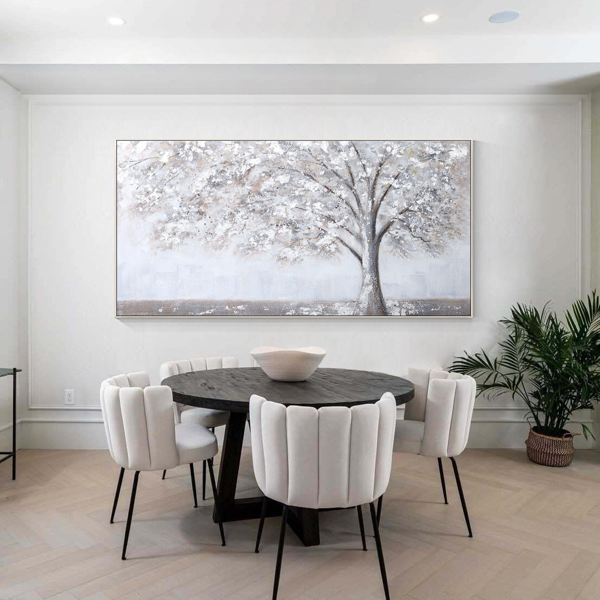 Gray white abstract tree wall art with darker trunk and ground