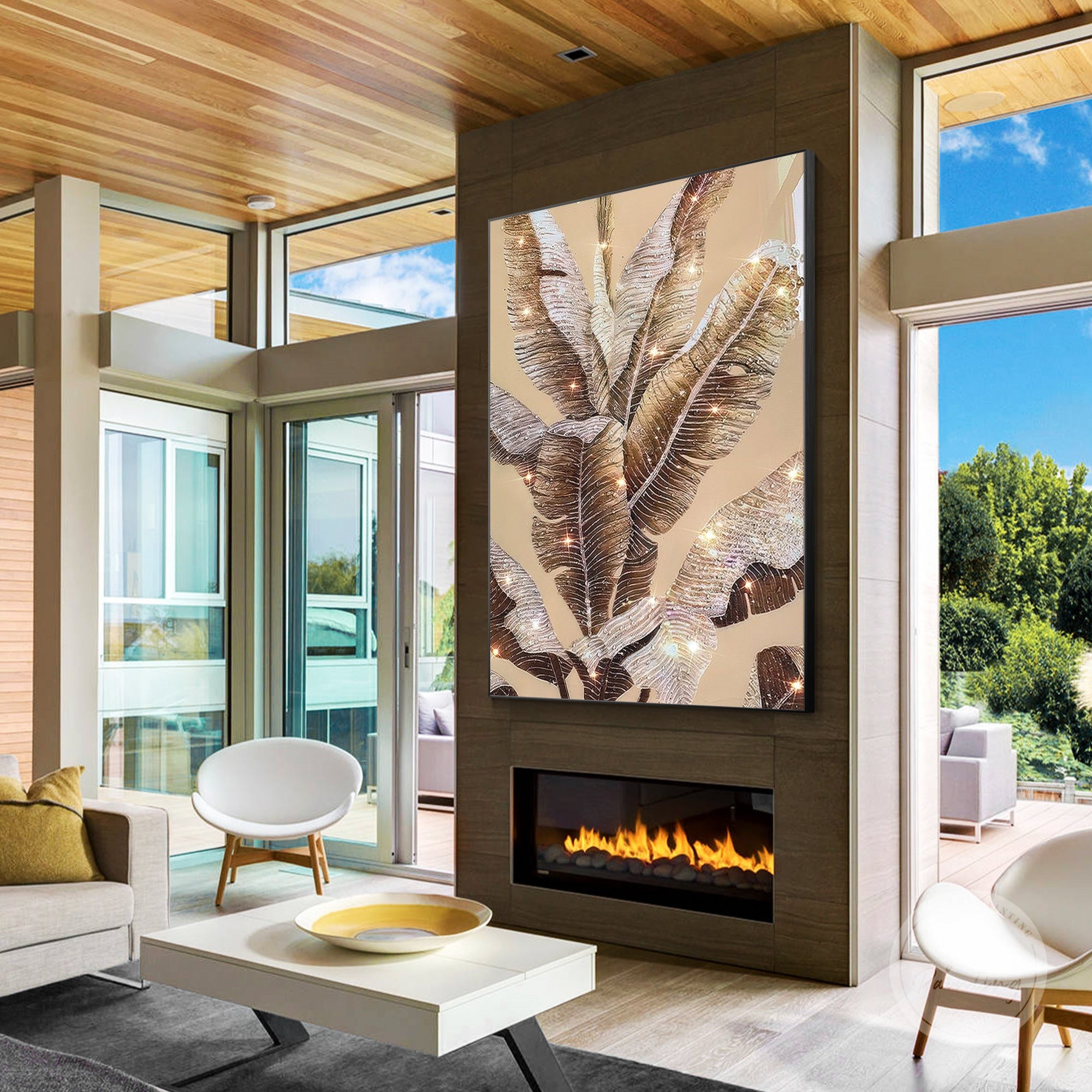 XL resin artwork featuring banana leaf motifs and crystal highlights.