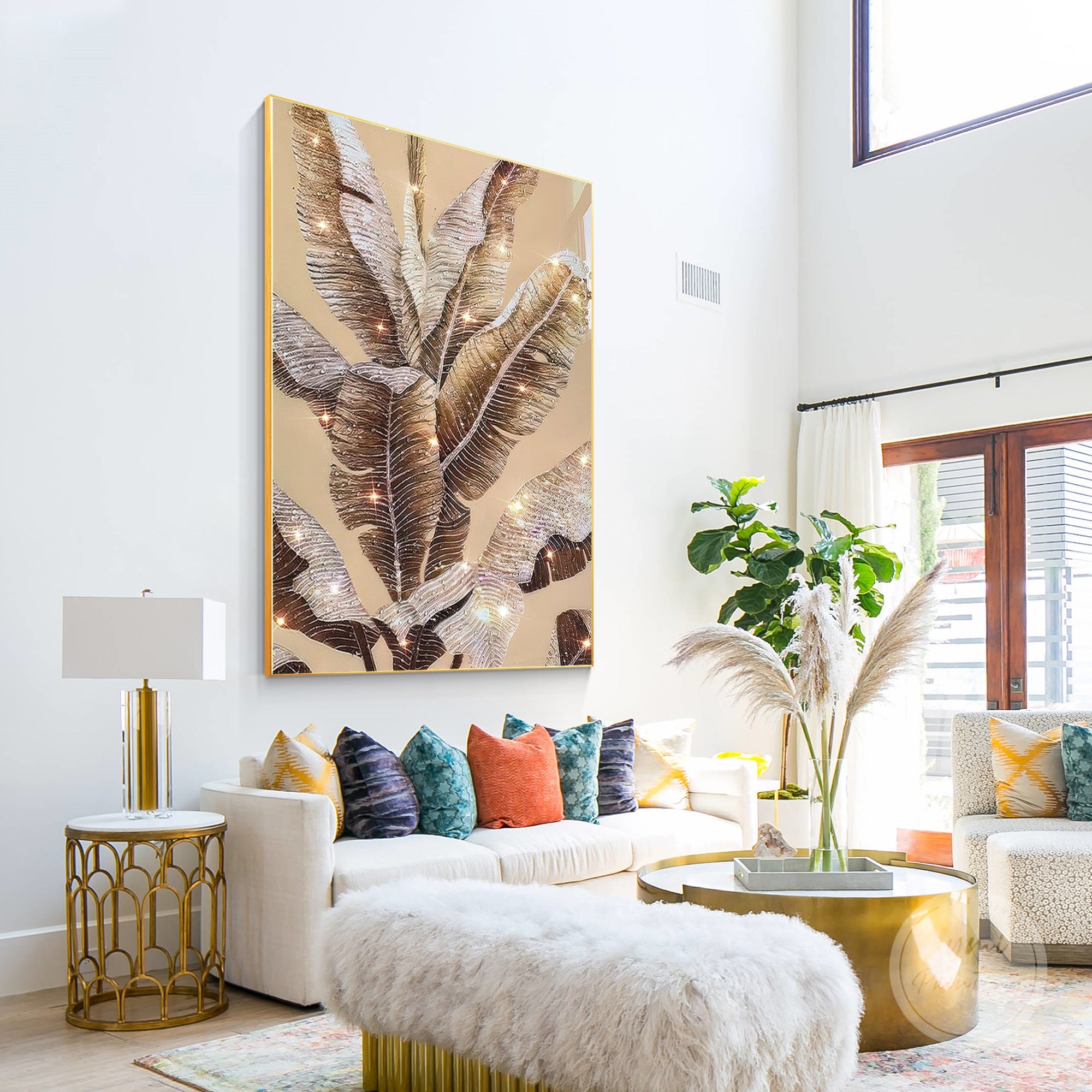 Modern tropical resin painting with layered banana leaf textures.