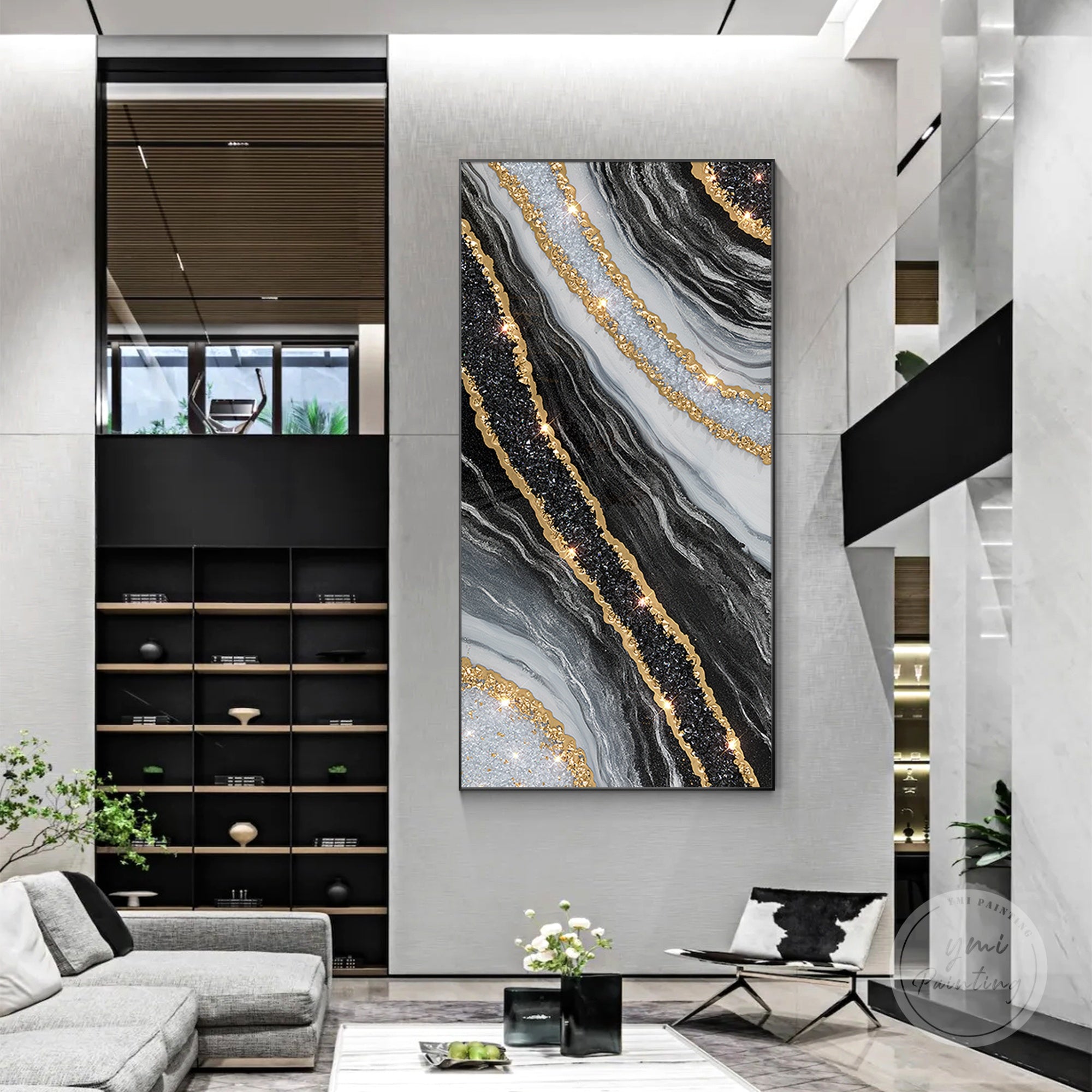 Luxury black gold geode resin artwork featuring 3D gold leaf crystals.