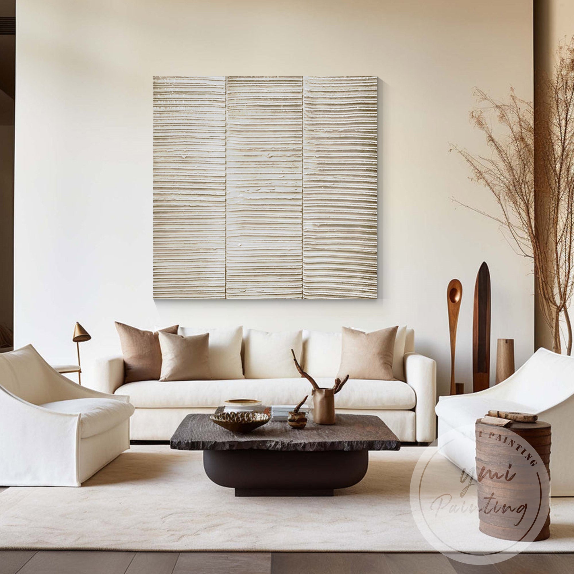 Contemporary minimalist beige canvas artwork for living room