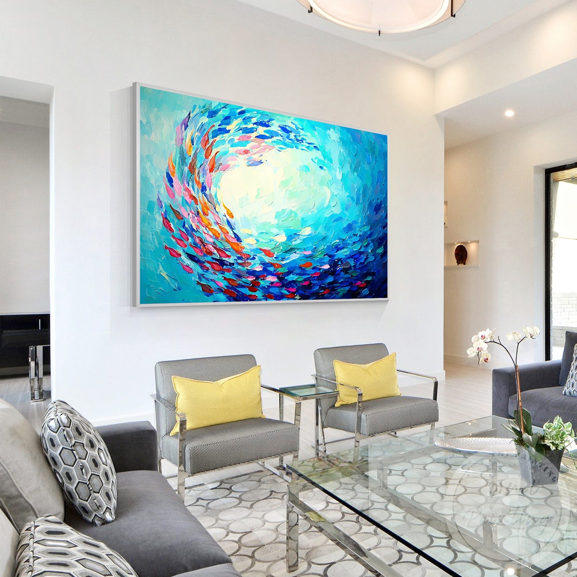 Abstract ocean fish canvas painting for living room decor