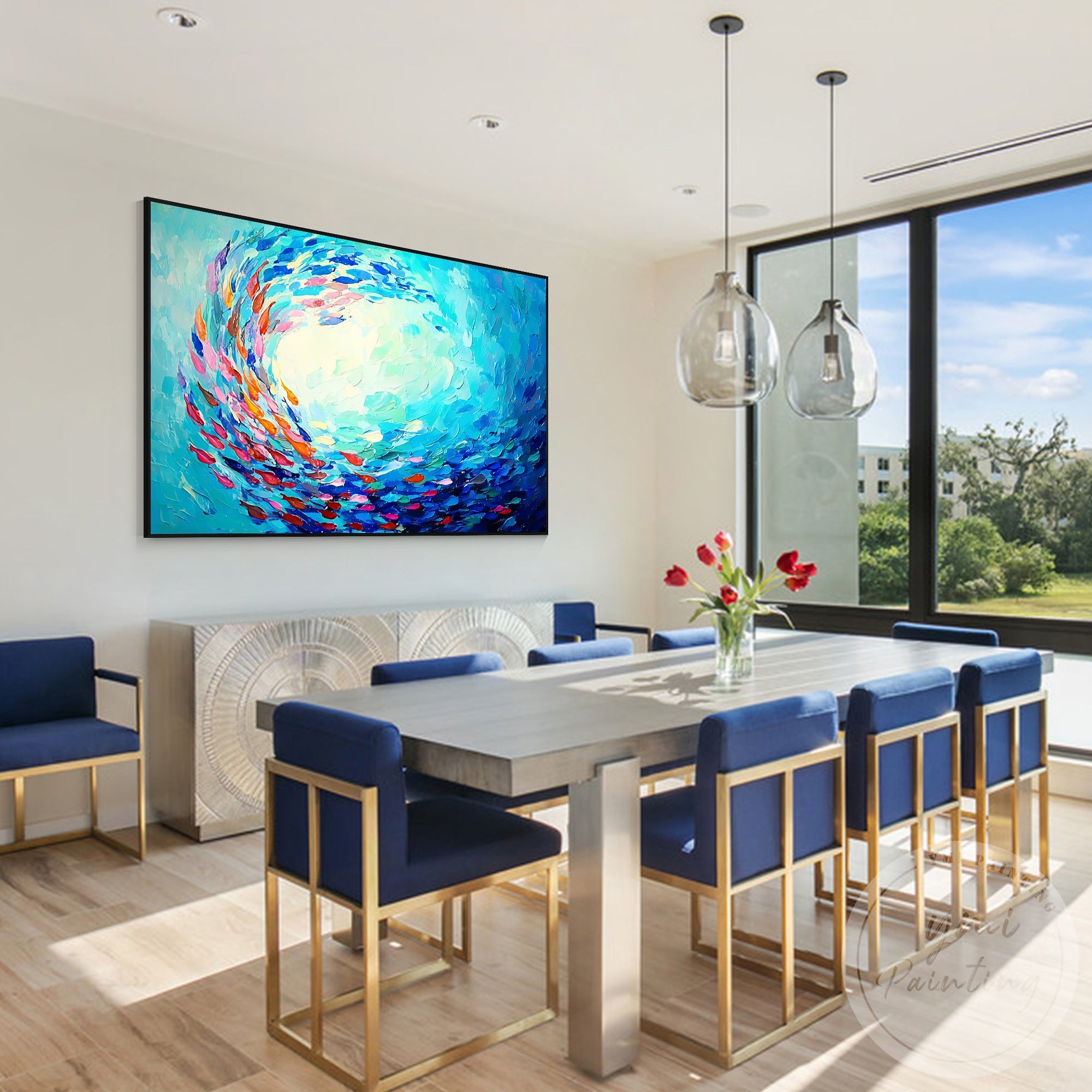 Colorful fish swirl painting modern coastal wall art
