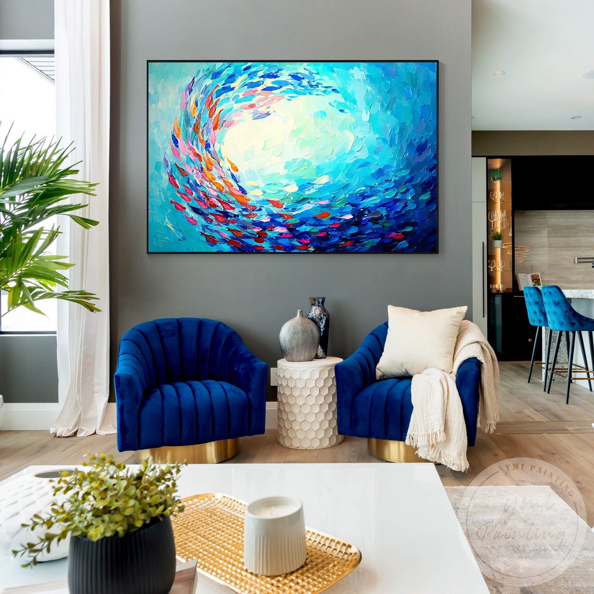 Hand painted marine life wall art blue fish artwork