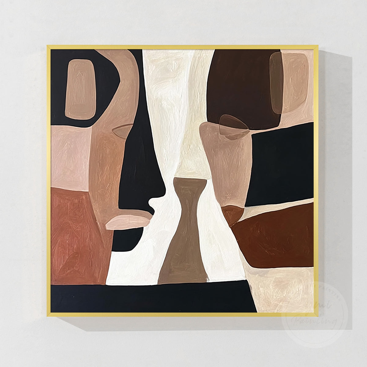 Abstract face wall art in a stylish office space