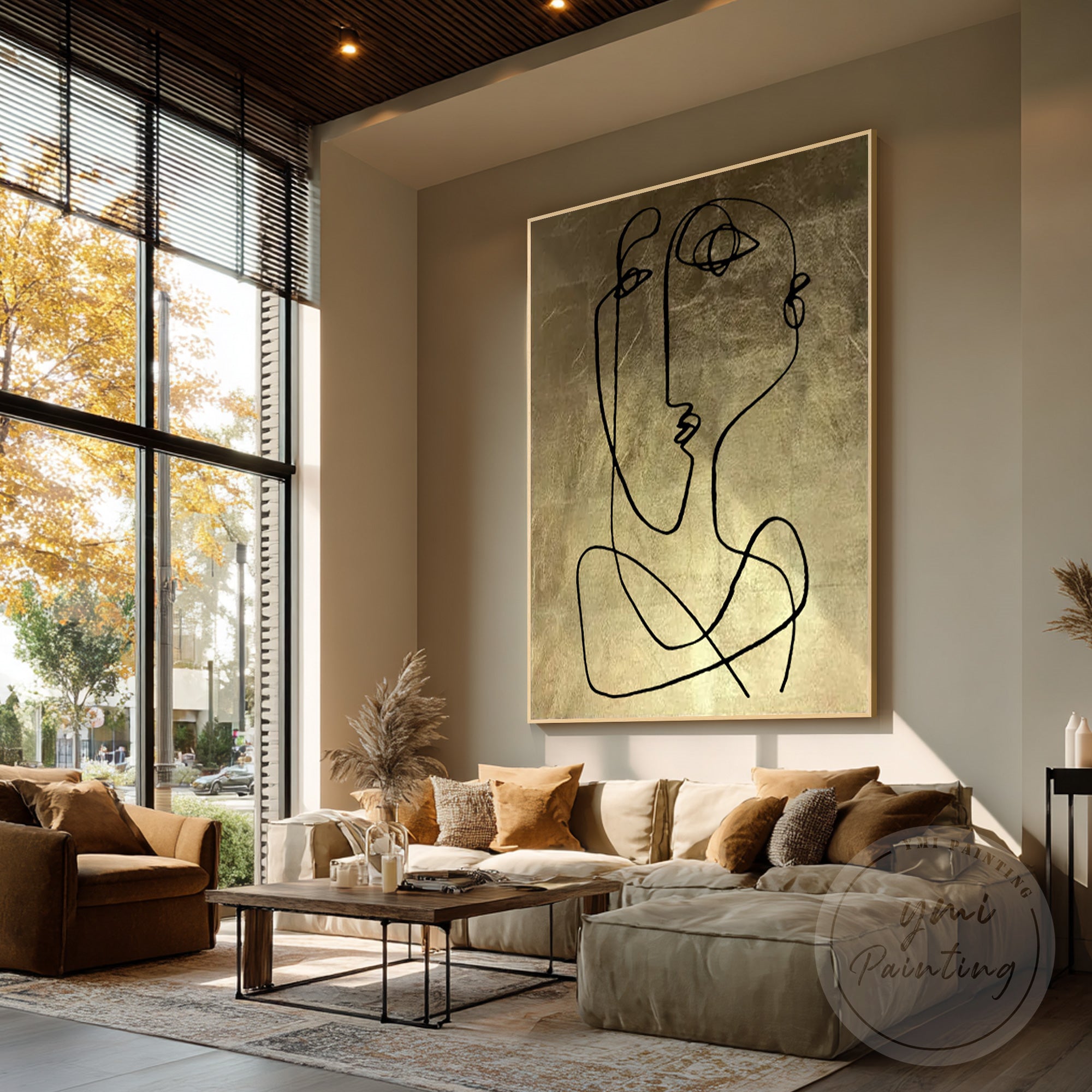Extra large gold leaf canvas with line art face design