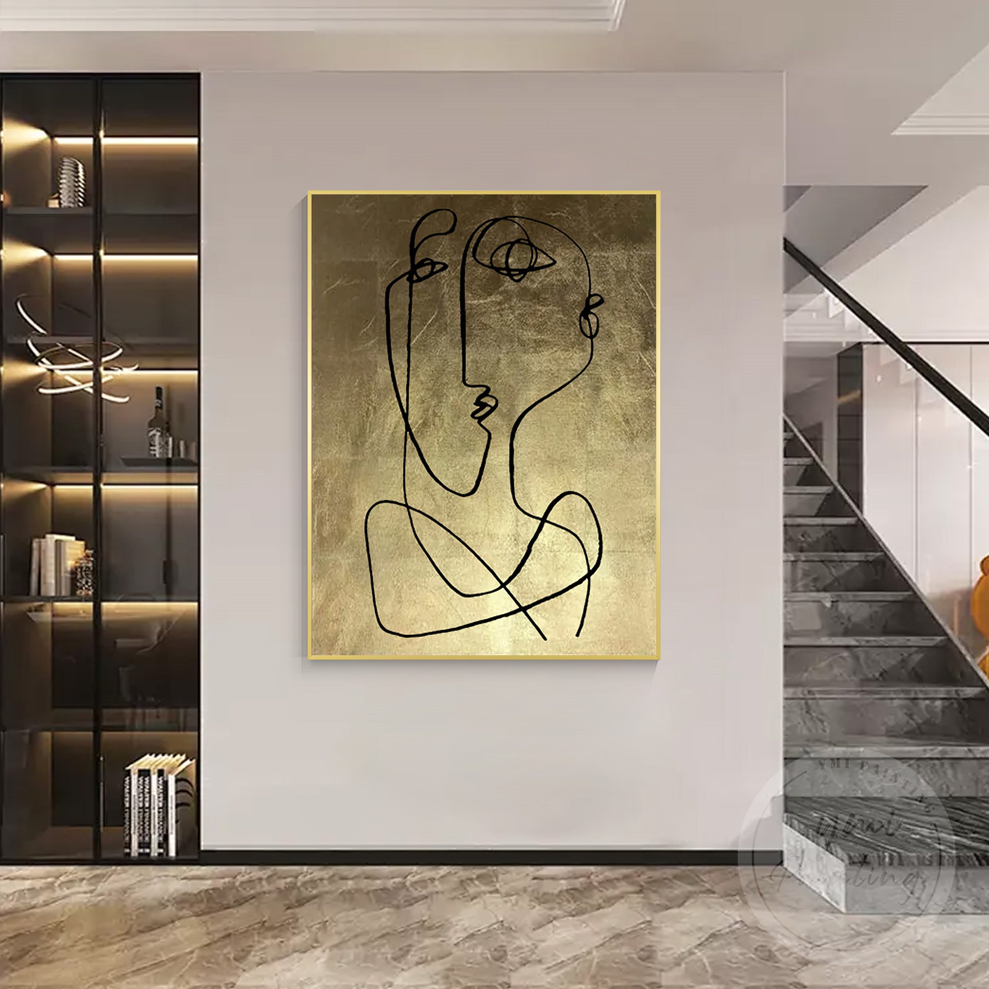 One line Picasso style portrait painting with gold background