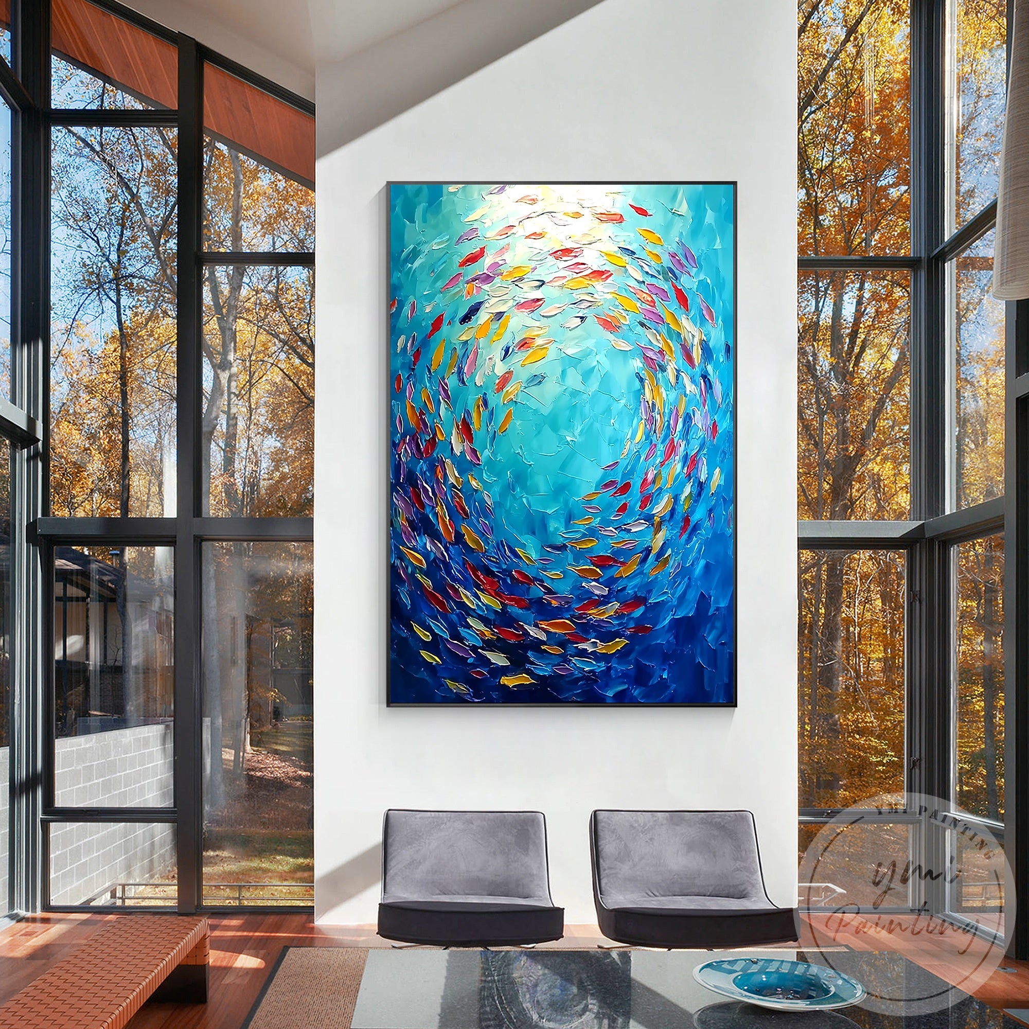 Hand painted school of fish colorful canvas artwork