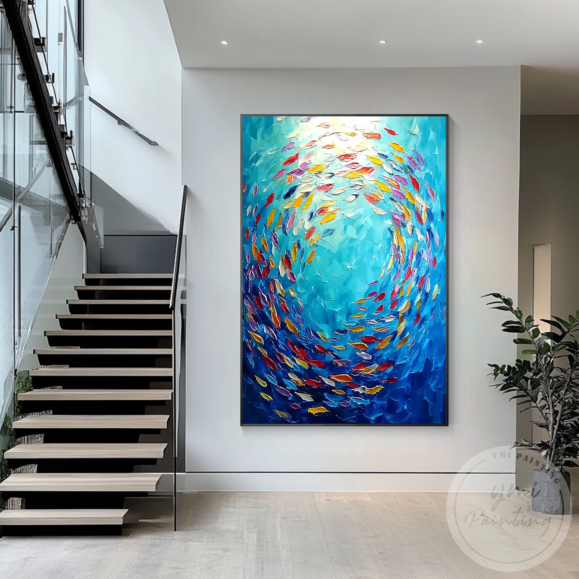 Abstract swirling fish painting nautical canvas artwork