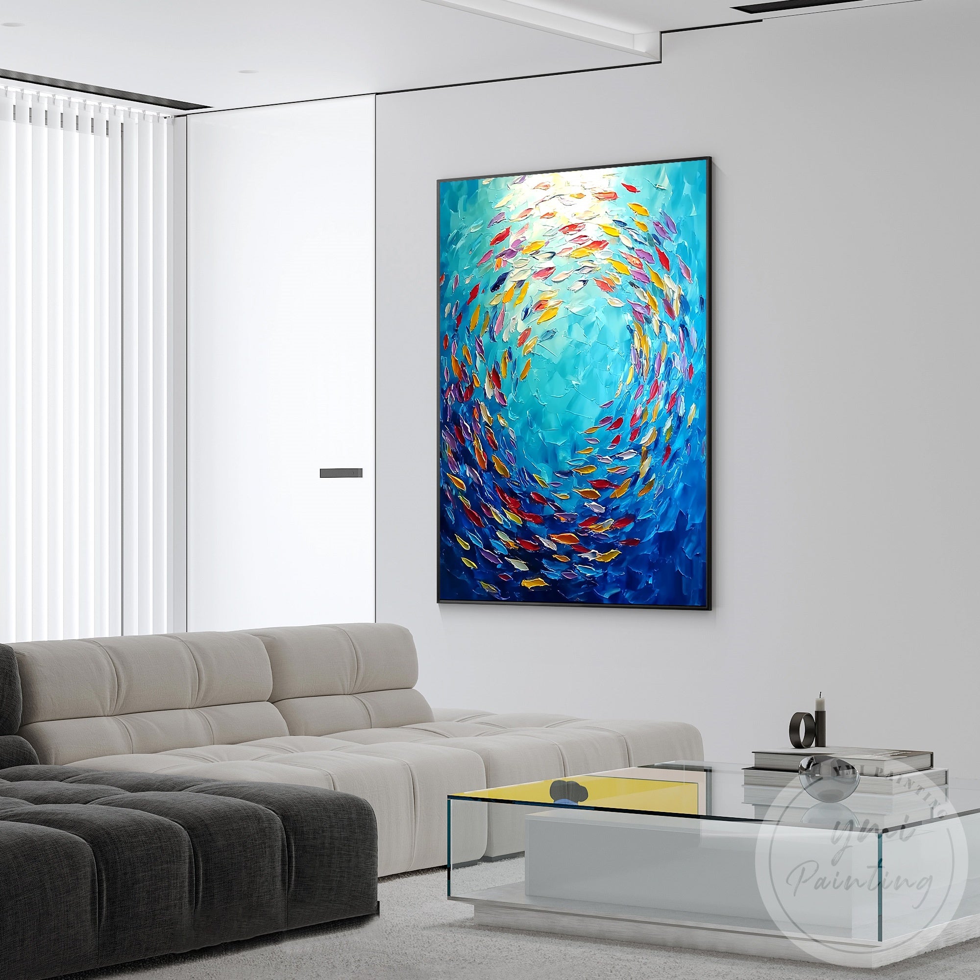 Contemporary ocean fish artwork with swirling movement