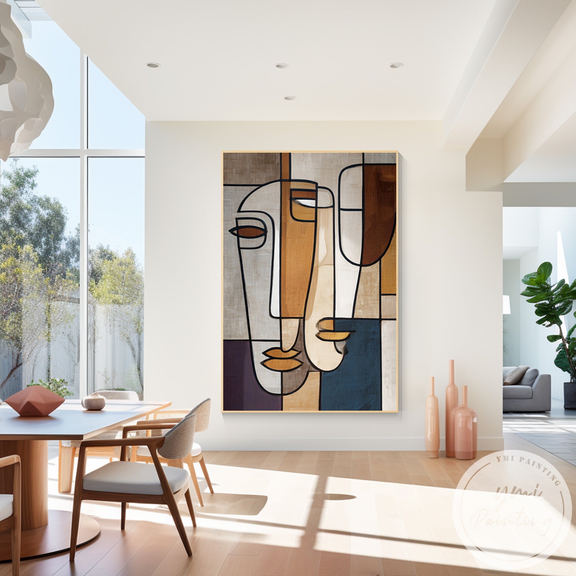 Large modern face wall art with geometric minimalist design