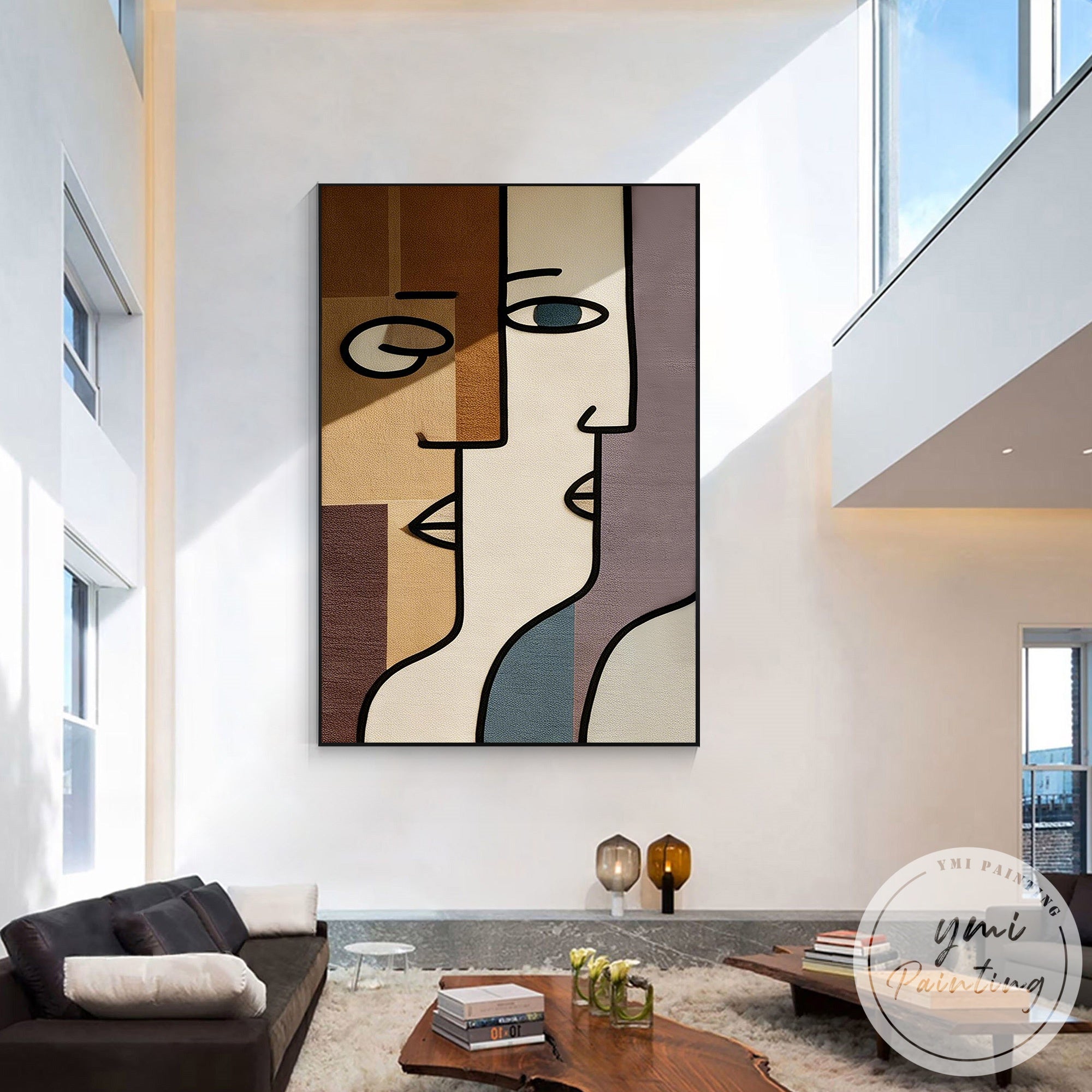Minimalist face line art painting for modern interiors