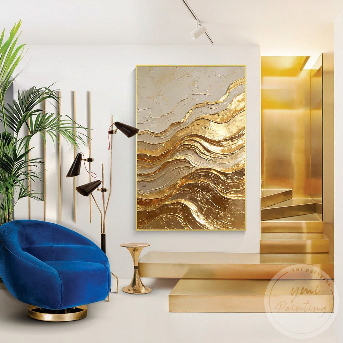 Neutral abstract canvas artwork with gold details