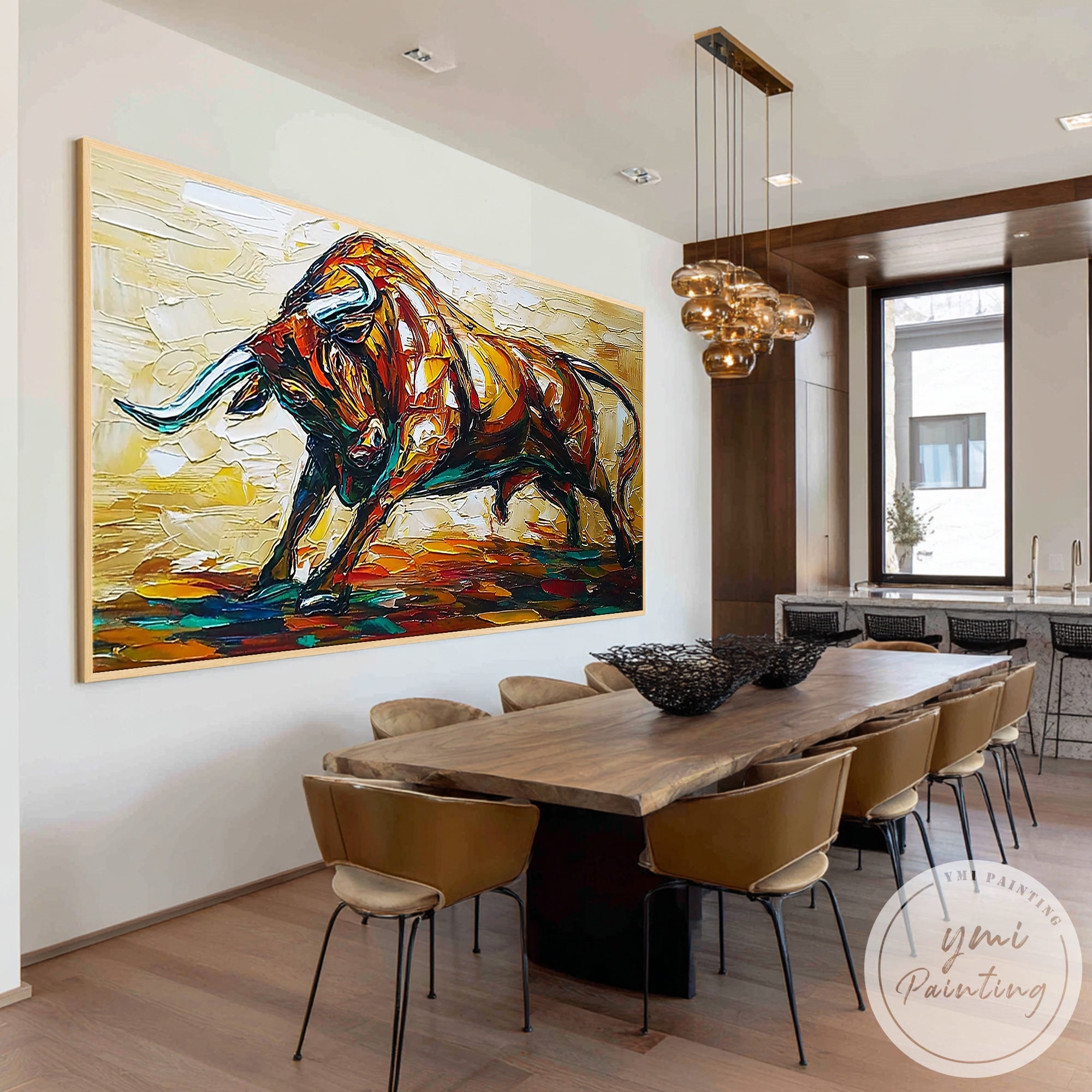 Expressionist bull artwork with heavy texture and gold tones