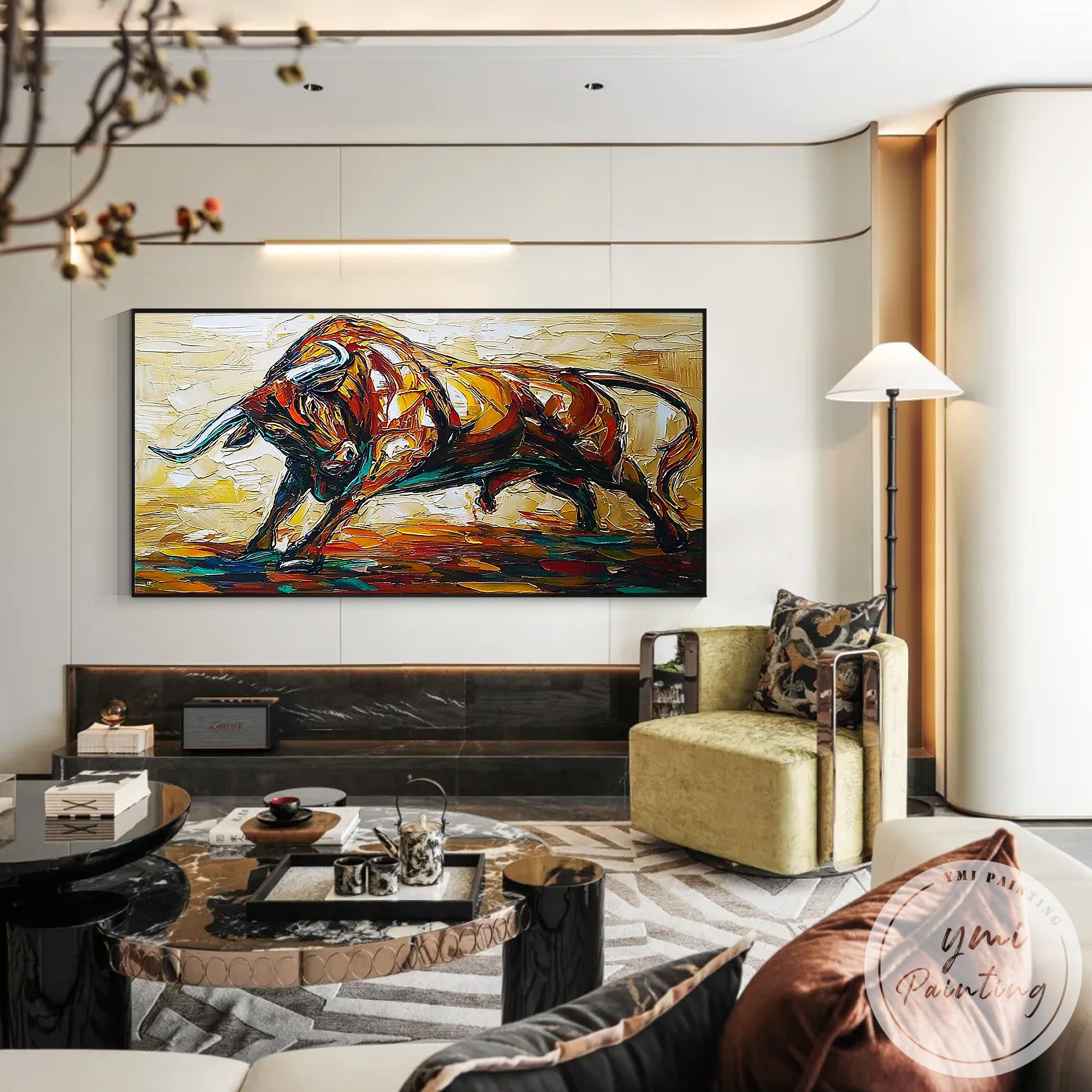 Large horizontal bull wall art for living room interior design