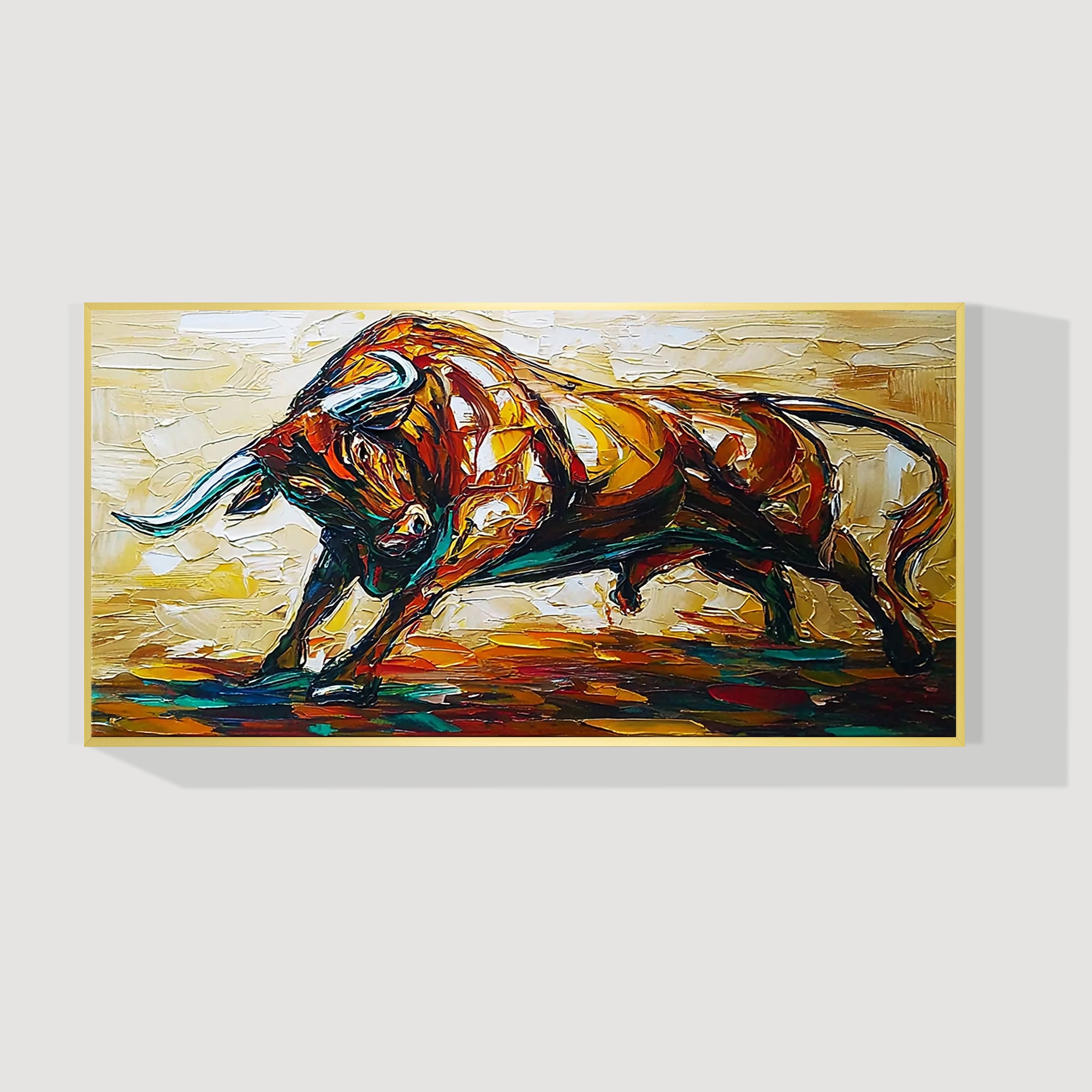 Abstract golden bull painting large horizontal textured wall art