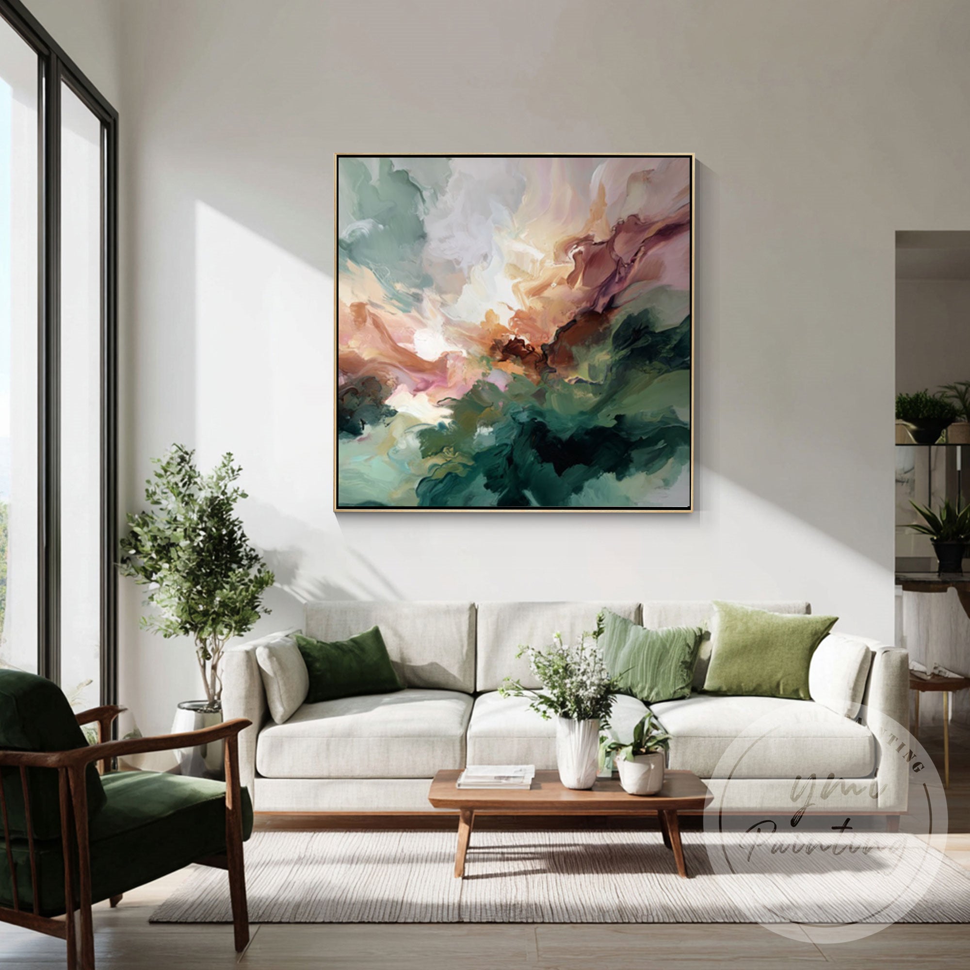 Contemporary fluid art canvas in natural green shades
