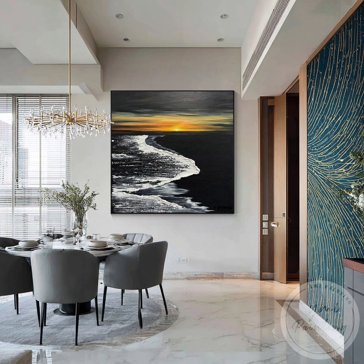 Gold sky ocean painting contemporary coastal wall decor