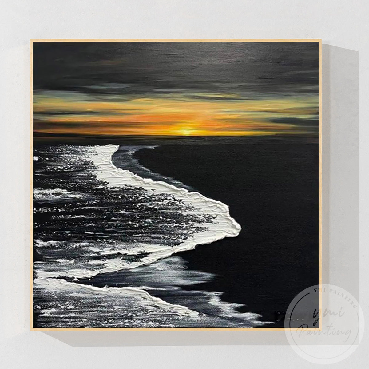 Contemporary wave canvas artwork with black white and gold tones