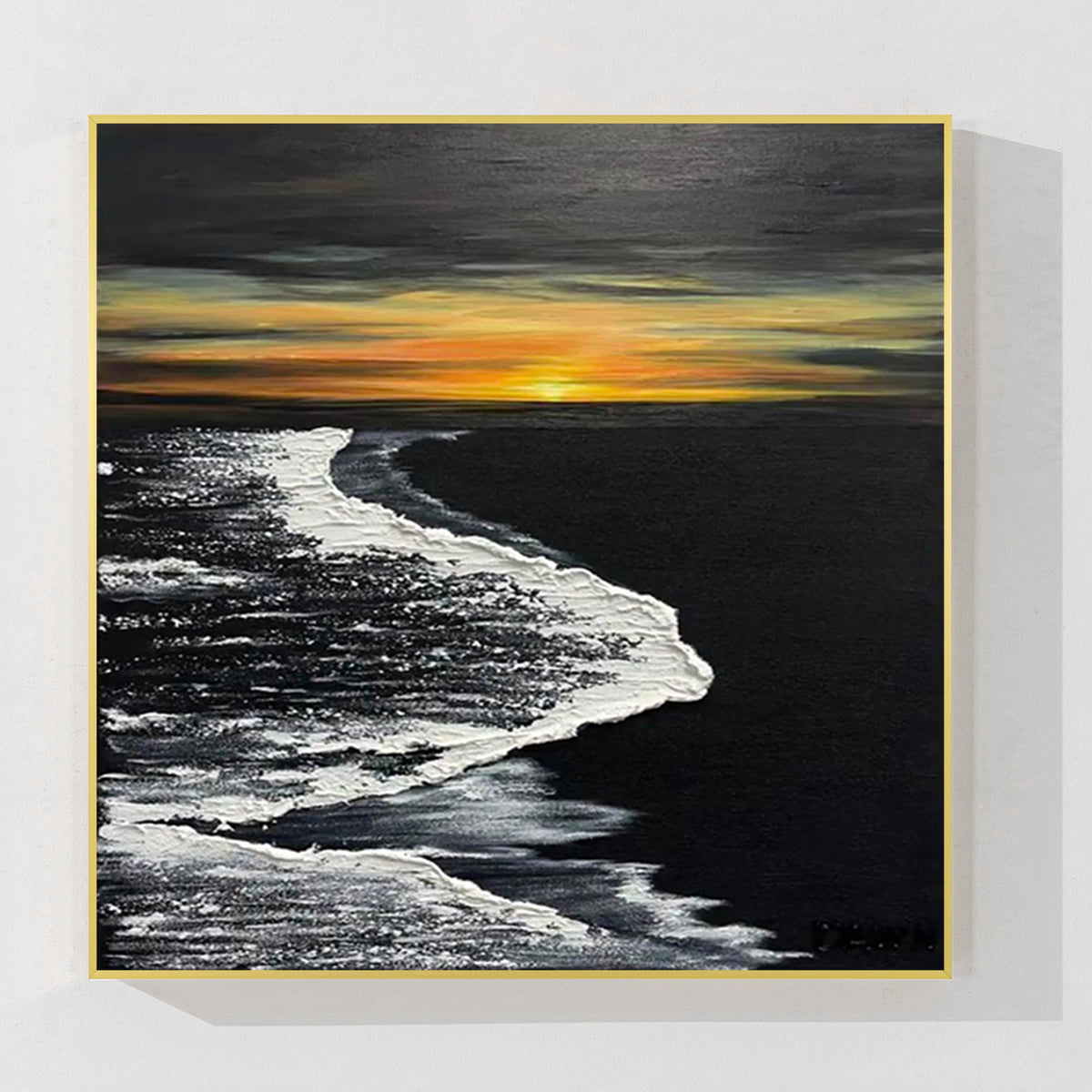 Abstract ocean sunset art black white gold wave painting
