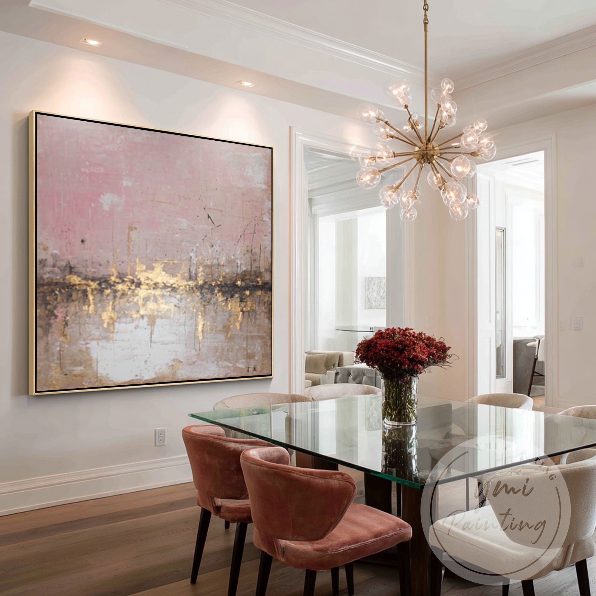 Elegant abstract city skyline canvas with metallic gold detail