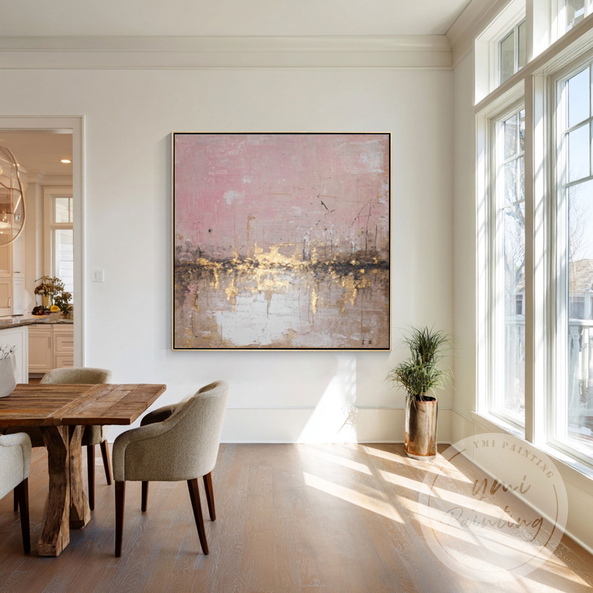 Modern blush beige cityscape painting on canvas wall decor
