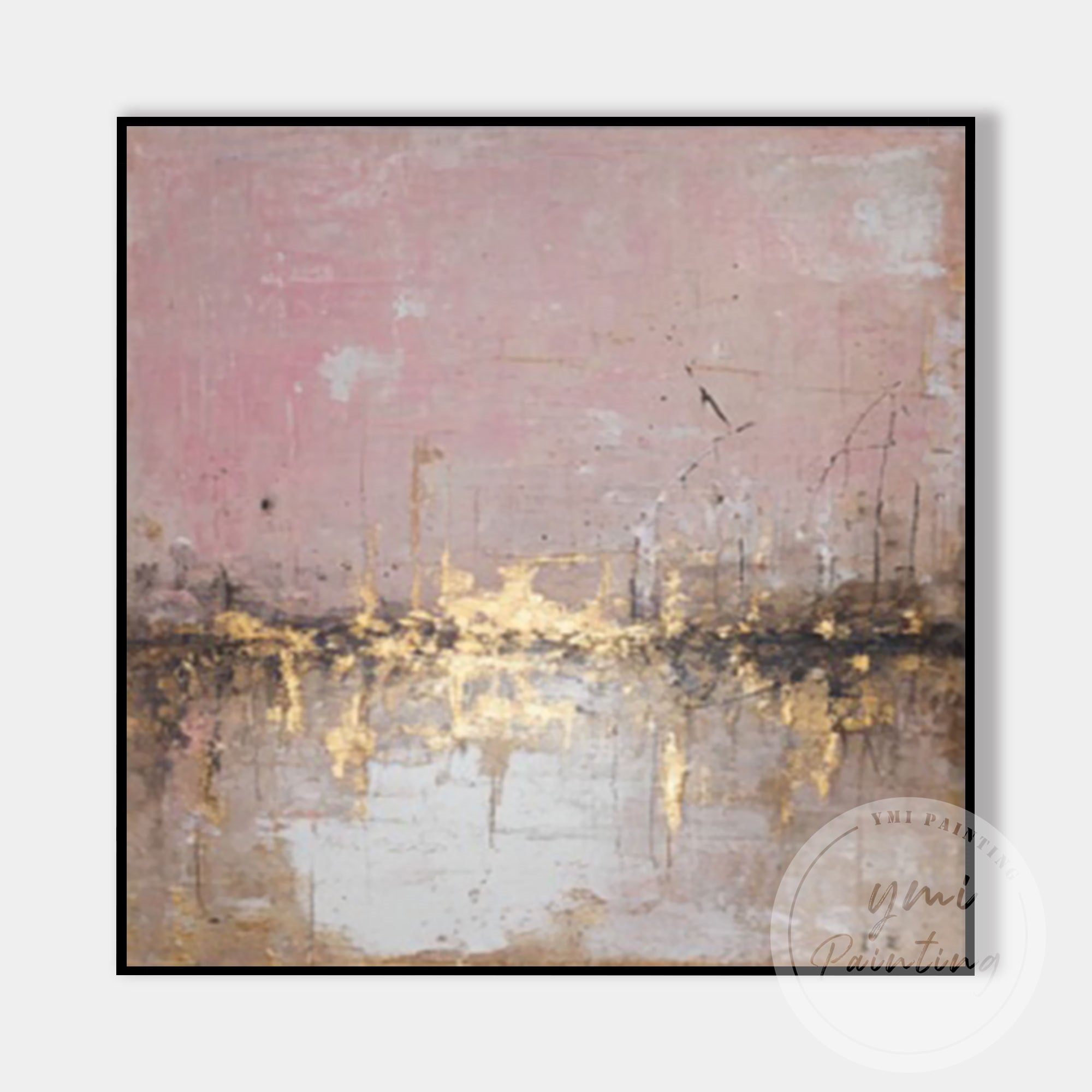 Blush pink urban skyline abstract painting close-up texture