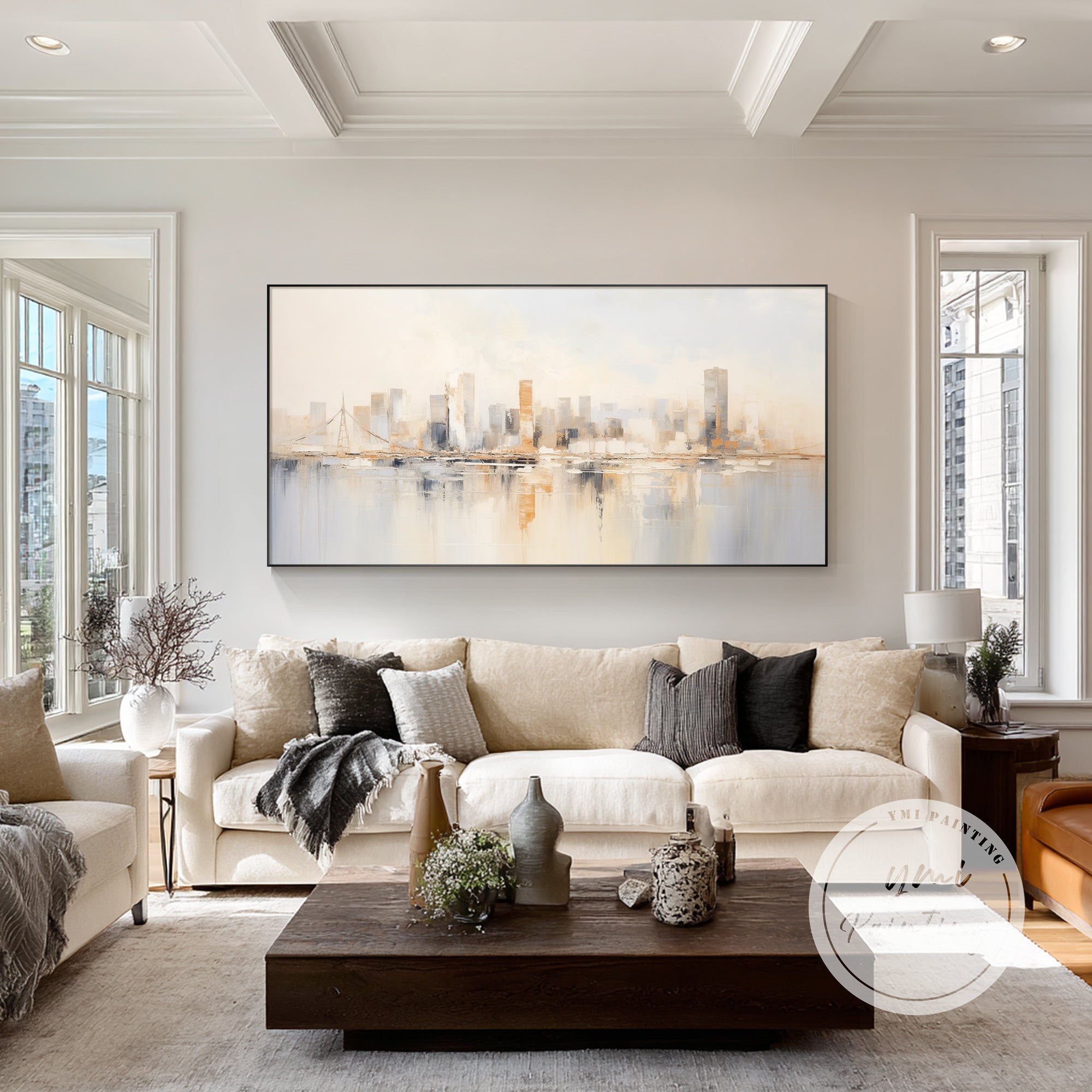 Modern San Francisco cityscape canvas art with soft beige and grey tones