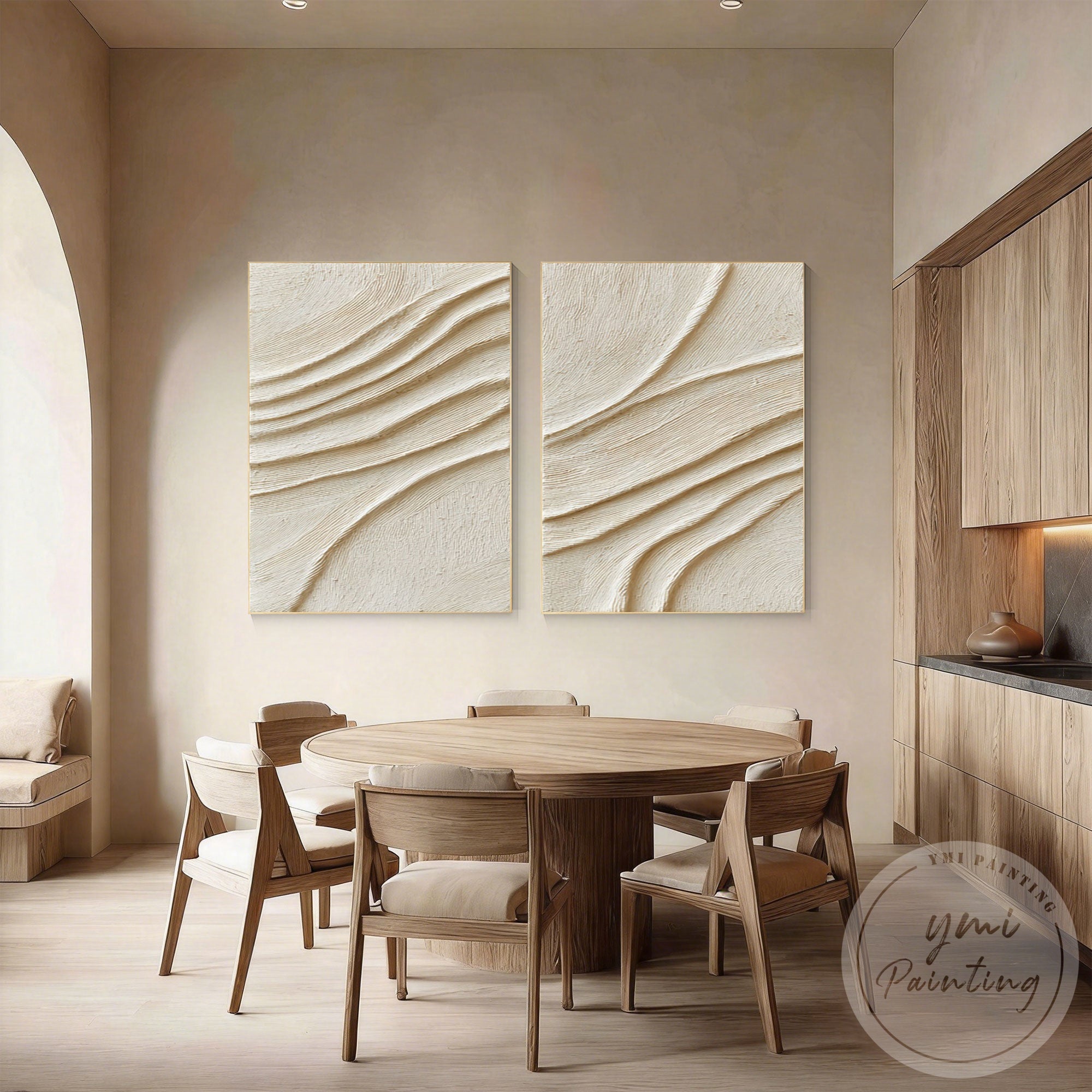 Textured beige abstract relief painting with natural wave design