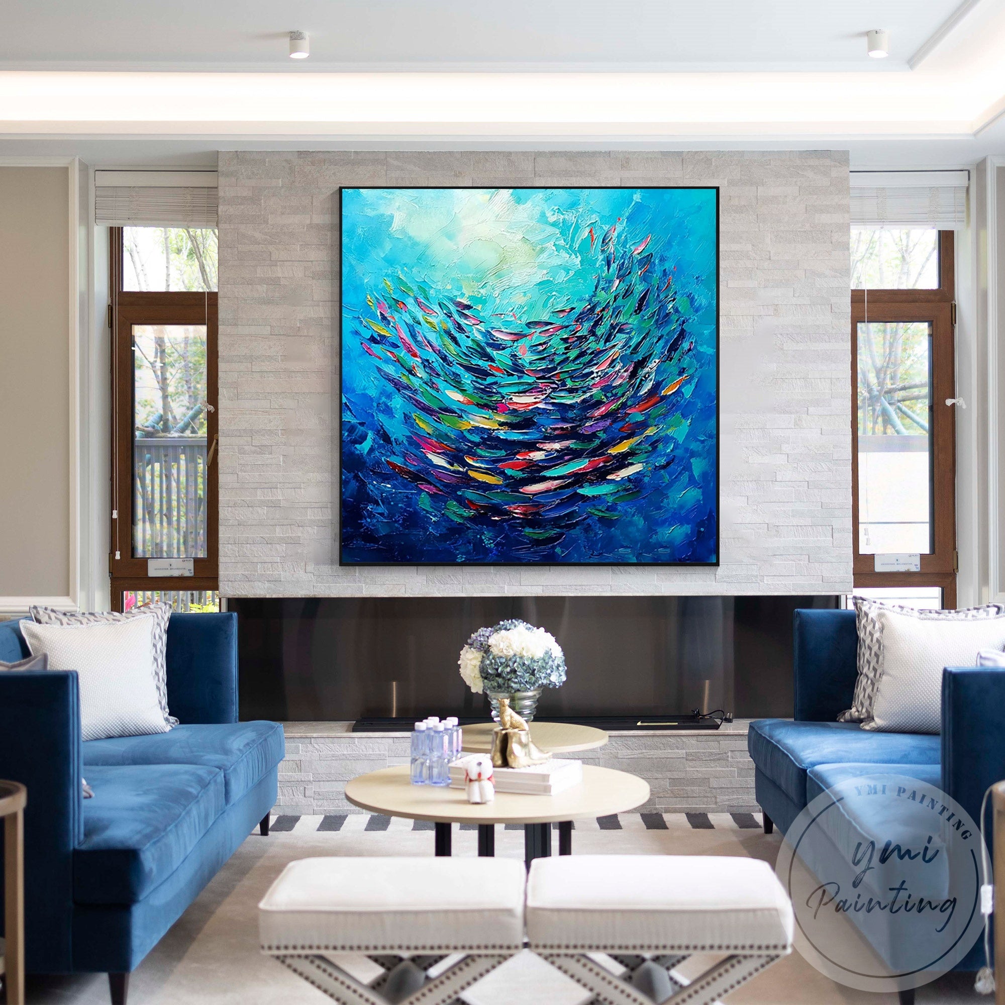 Abstract underwater fish painting for coastal home decor