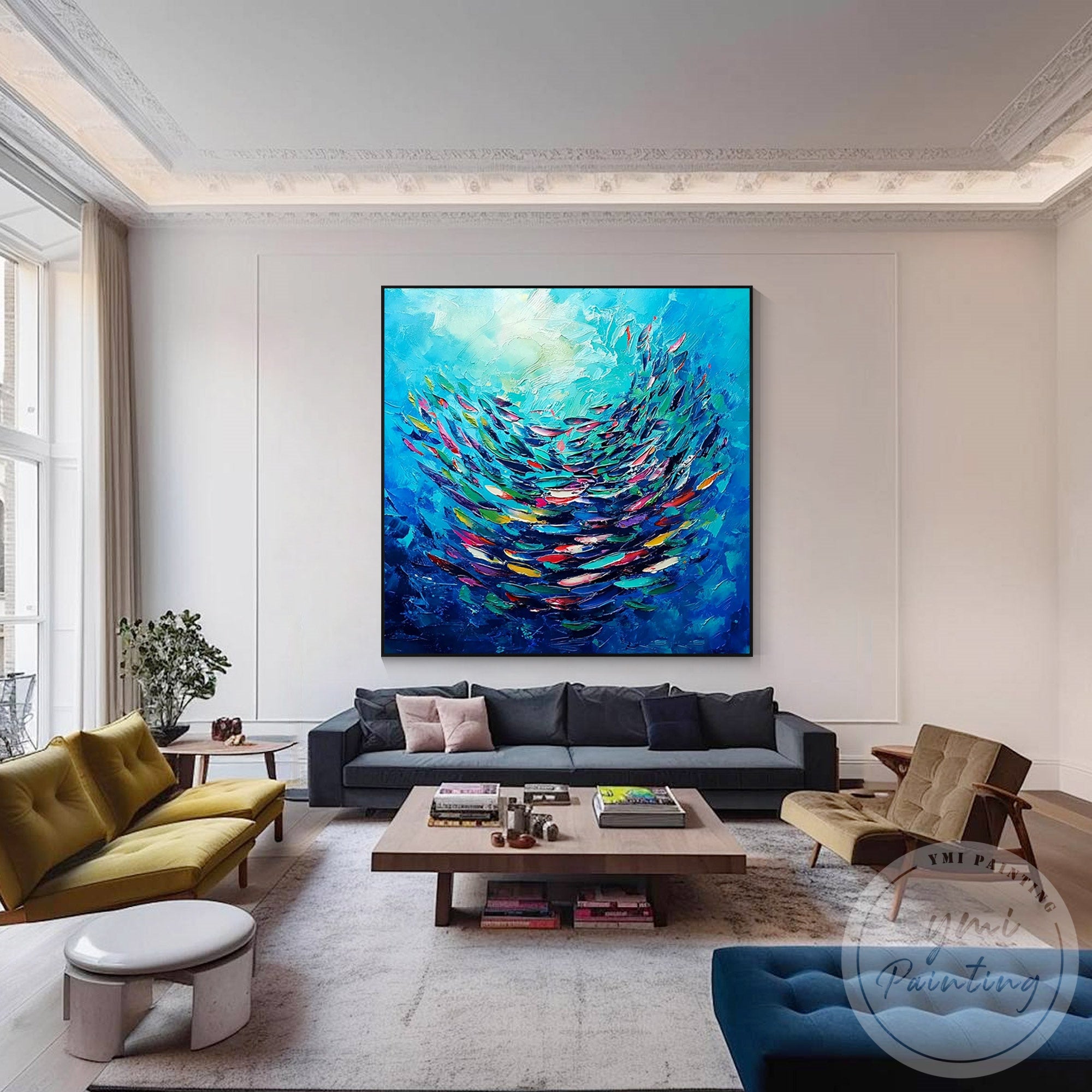 Colorful fish swirl painting blue ocean canvas artwork